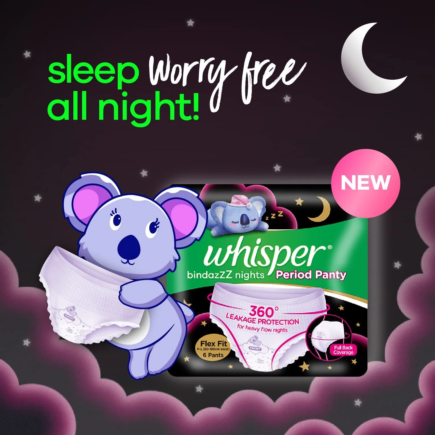 Whisper Bindazzz Night Period Panty|6 M-L Panties|upto 0% Leaks|360 degree leakage protection|Full back coverage|Suitable for Heavy Flow|Flex fit|Soft & comfortable|With disposable wrap - image 2