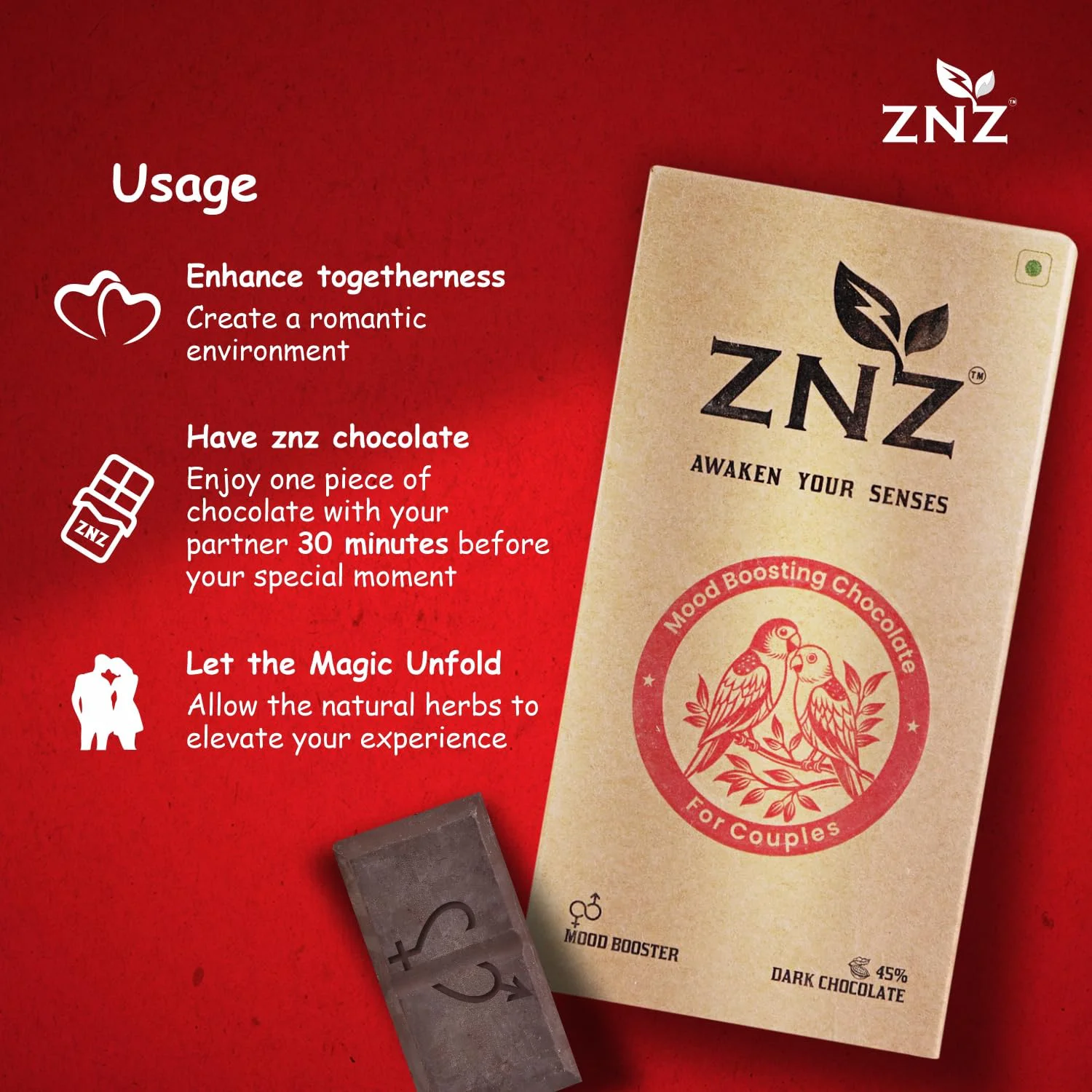 ZNZ Premium Dark Chocolate for Uplifting Mood & Wellness | Vegan & Gluten-Free Delight | Valentine's Gift for Men & Women | Ideal for Couples | Vegan and Guilt free Delight | 60g (Pack of 1) - image 1