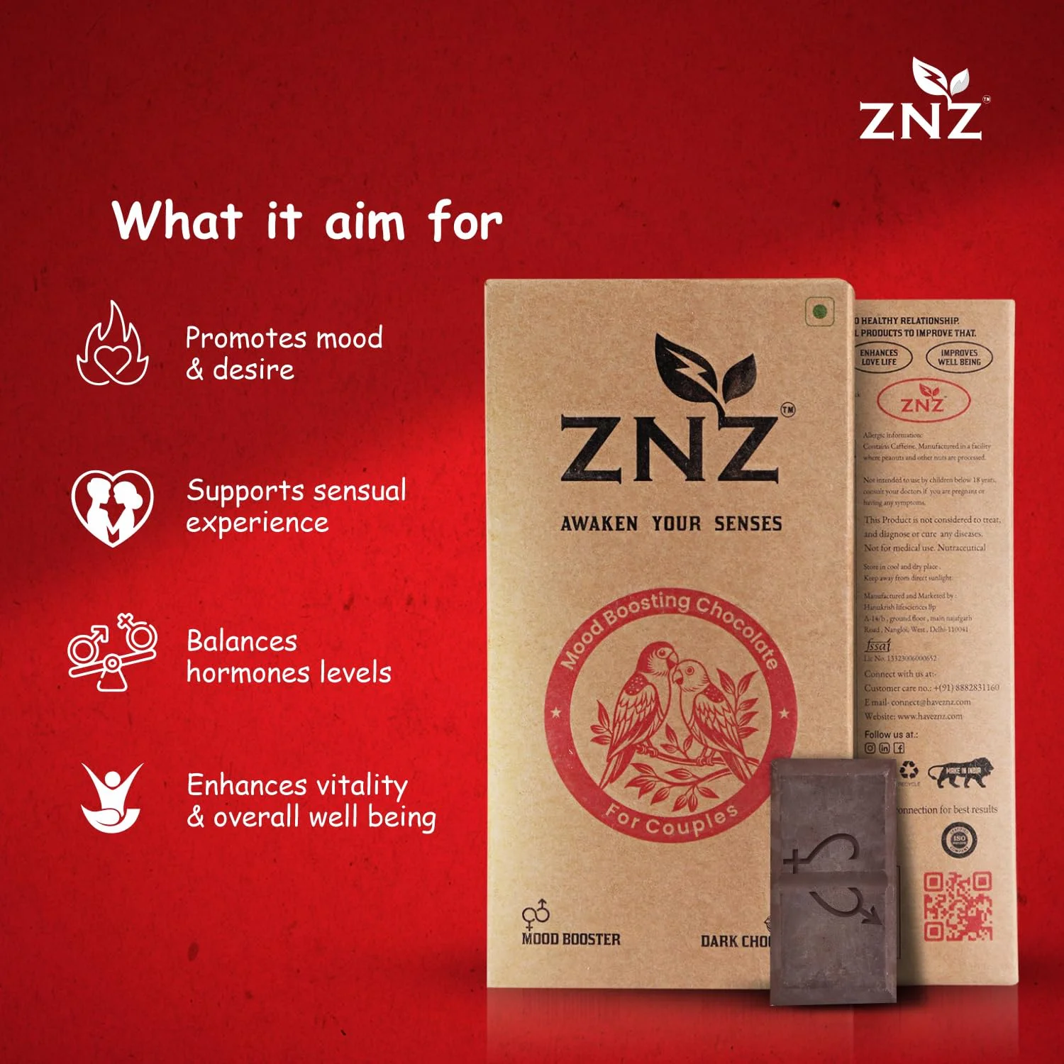 ZNZ Premium Dark Chocolate for Uplifting Mood & Wellness | Vegan & Gluten-Free Delight | Valentine's Gift for Men & Women | Ideal for Couples | Vegan and Guilt free Delight | 60g (Pack of 1) - image 2