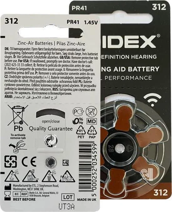 Widex hearing aid battery Size 312 (PR41) (10 Packet=60 Batteries)