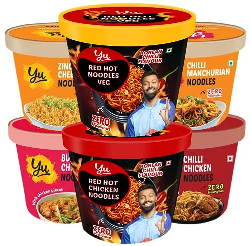 Yu Foodlabs-Cup Noodles Combo Pack Of 6-Chilli Manchurian, Zingy Cheese, Chilli Chicken, Butter Chicken, Red Hot Veg, Red Hot Chicken-No Preservatives-100% Natural-Ready To Eat Instant Noodles-455gram - image 1