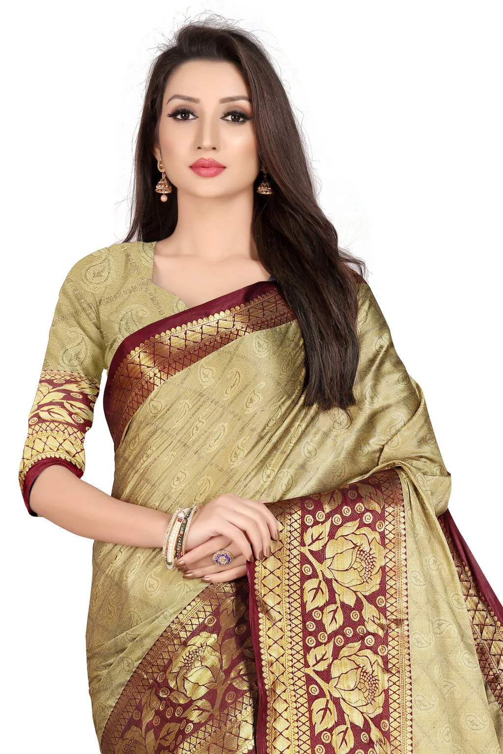 leeza store Banarasi Cotton Silk Kanjivaram Style Saree With Blouse Piece (Cream Color_Free Size) - image 1