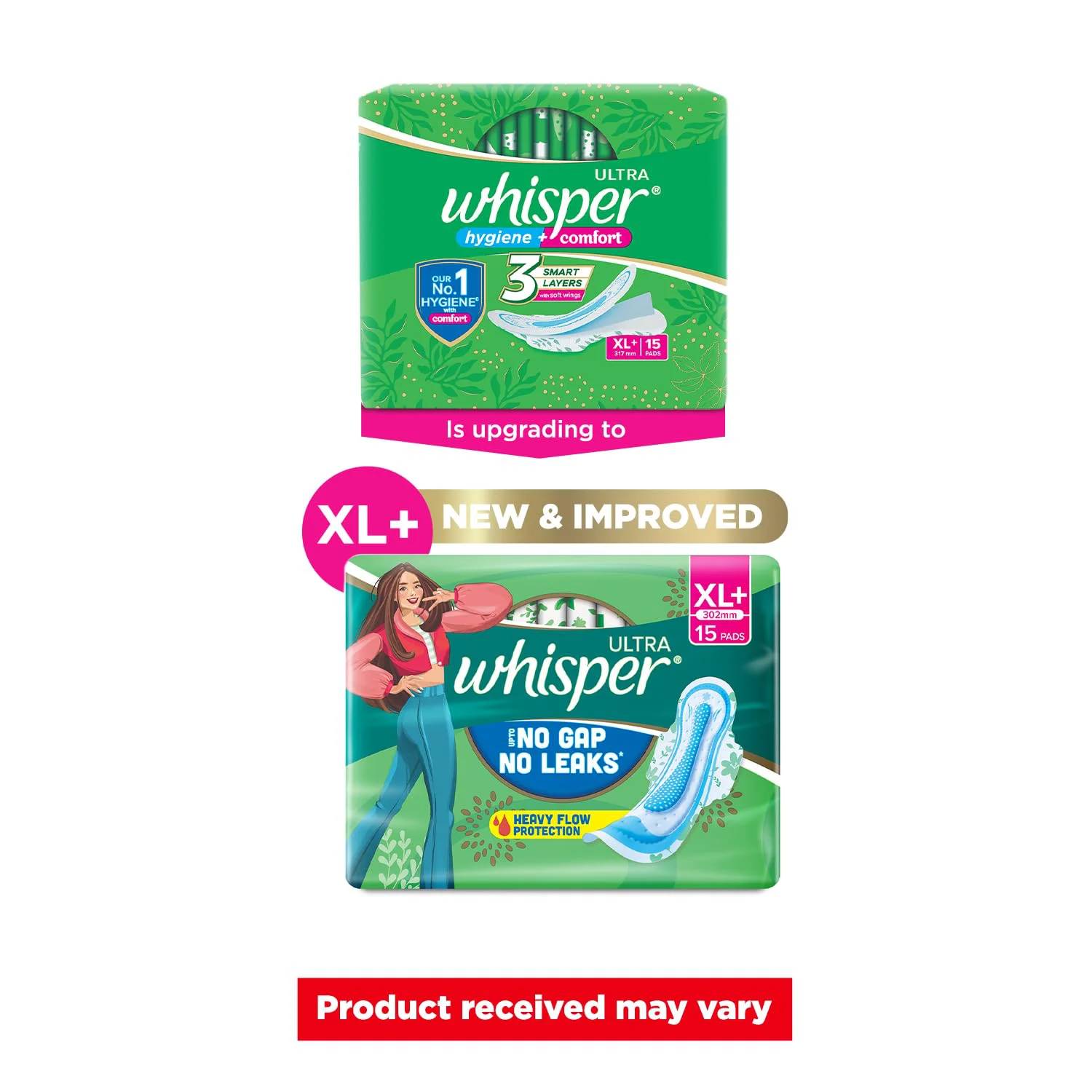 WHISPER ULTRA HYGIENE+COMFORT SANITARY PADS, 15 XL+ PADS, FOR HEAVY FLOW, LONG LASTING PROTECTION, LOCKS ODOUR & WETNESS, DRY TOP SHEET, DISPOSABLE WRAPPER - image 1