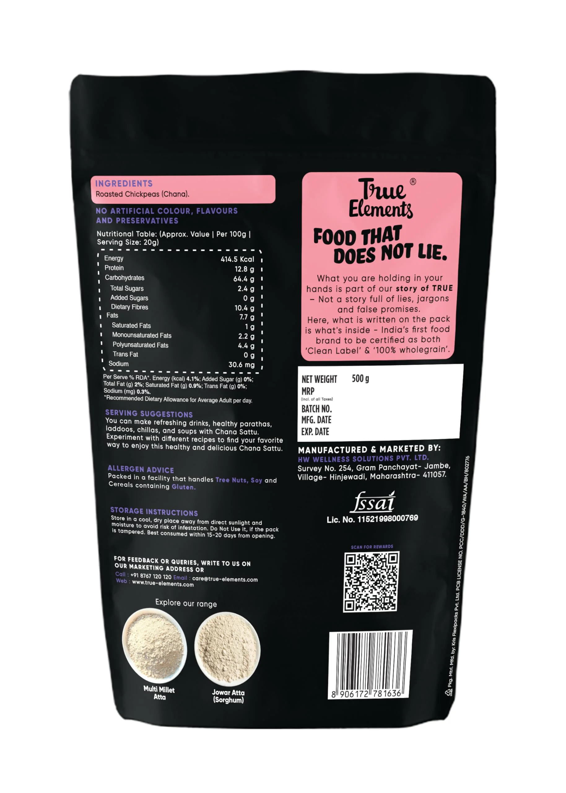 True Elements Sattu Atta 500gm - 100% Clean Chana Sattu Flour | High in Protein and Fibre | Natural and Gluten Free | Millet Whole Grains Organic - image 1