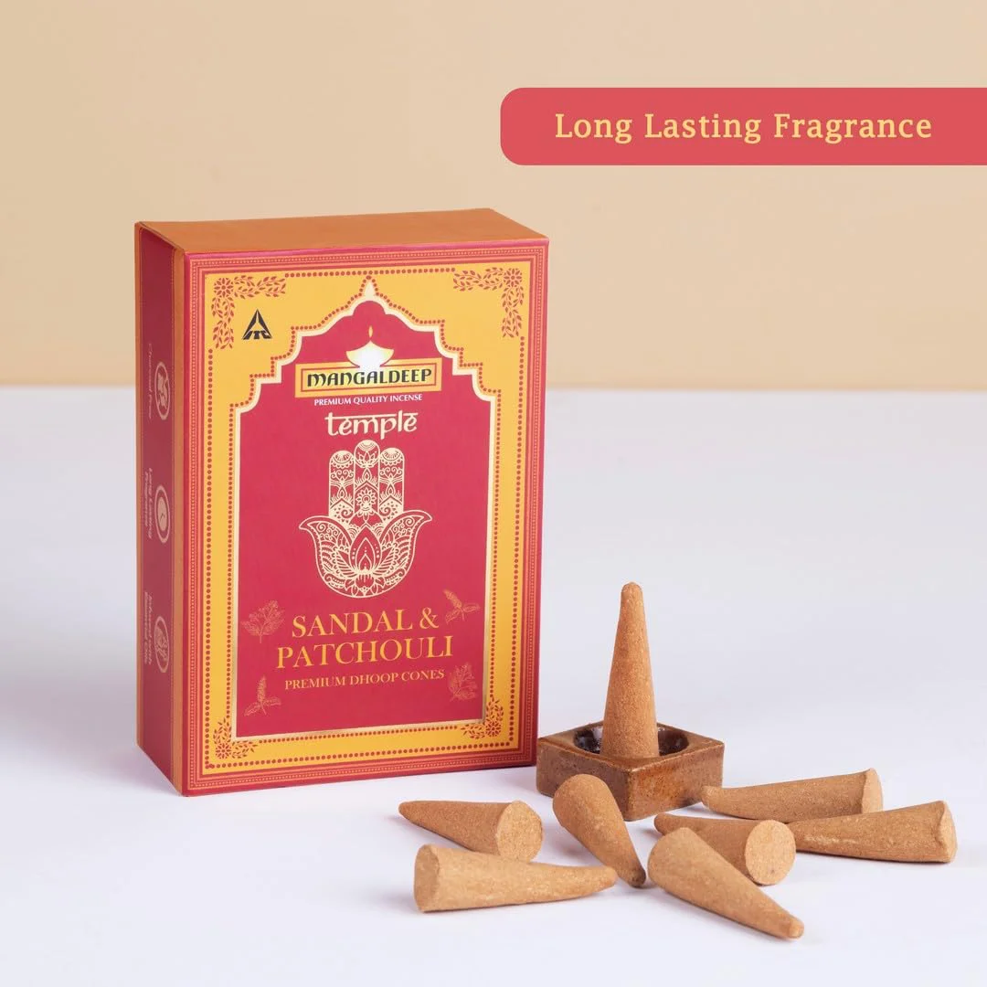 Mangaldeep Temple Premium Bambooless Dhoop Cones - Sandal & Patchouli - Ceramic Stand Inside - Charcoal Free (40 Cones) - image 2