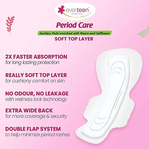 everteen Period Care XXL Soft Neem-Safflower Sanitary Pads for Women - 40 Pads, Rash Free, Anti Tan, Skin Friendly, Double Wing Shape, Advanced Leak Protection, XX Large, 320mm - 1 Pack (40 Pads) - image 1