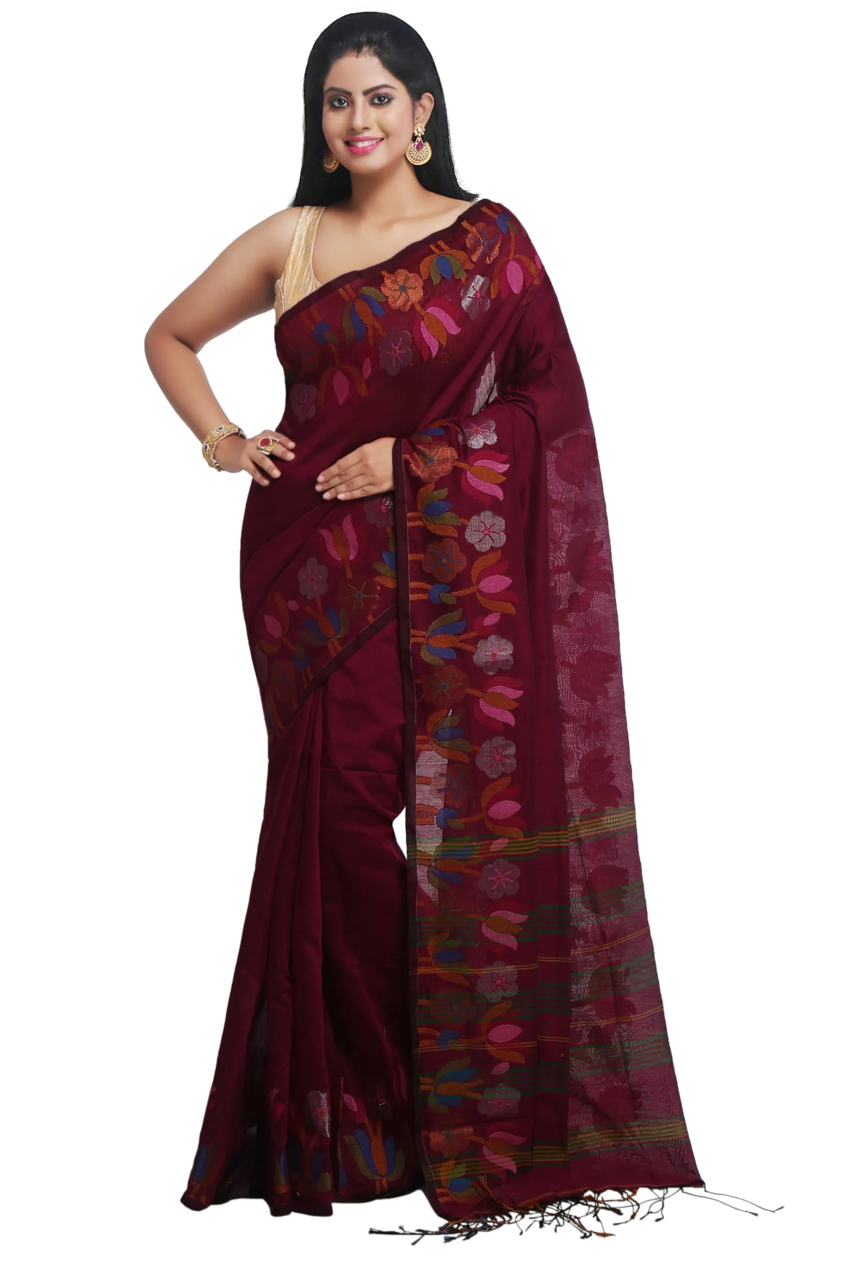 WoodenTant Womens Woven Handloom Cotton Silk Saree In Magenta With Jamdani Lotus Border - image 2