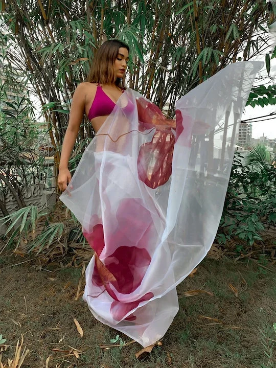 White & Pink Organza Printed Saree - image 1