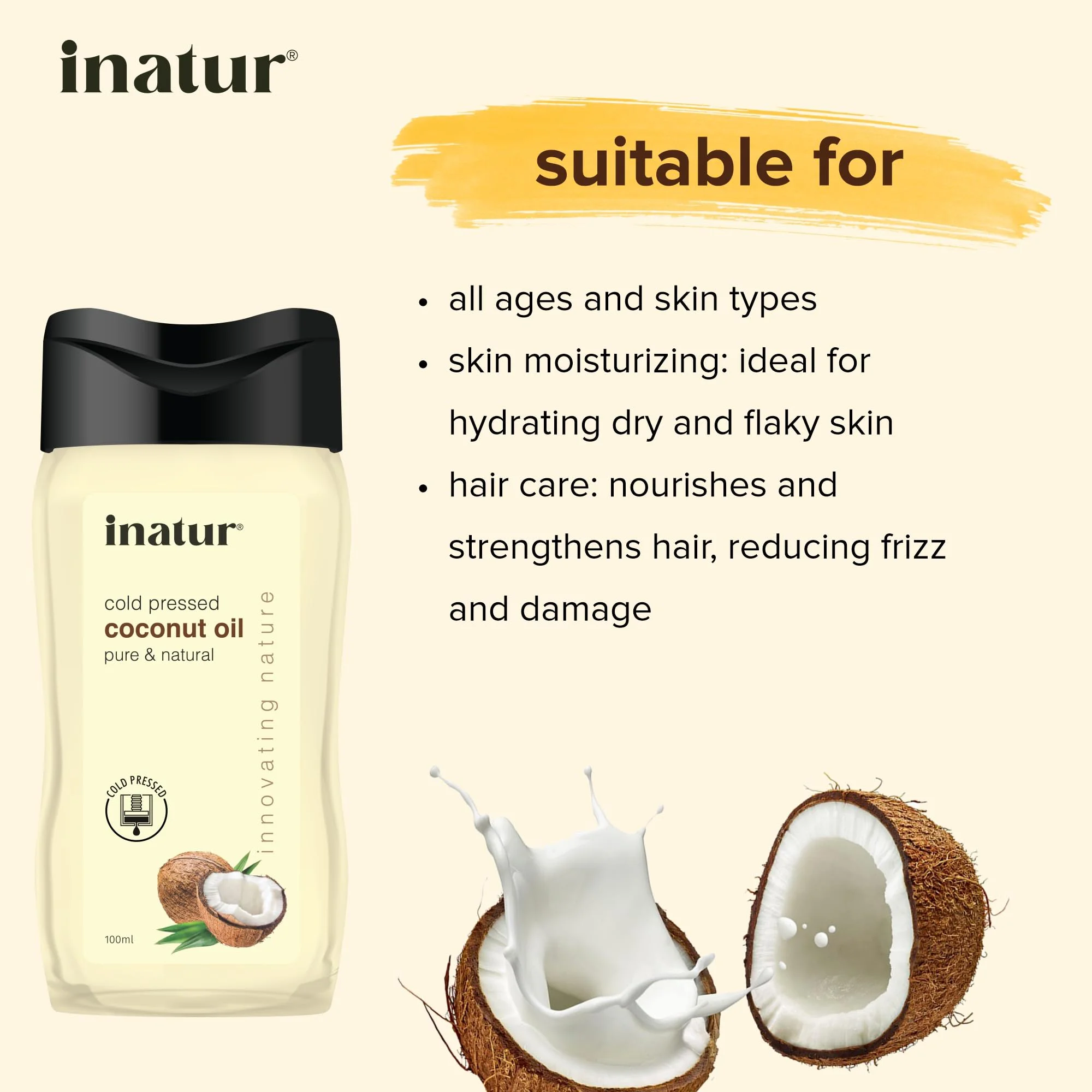 inatur Coconut Oil 100ml - 100% Pure, Virgin, Cold Pressed & Organic | Coconut Oil for Hair, Body & Skin Care | Pure Coconut Oil for Skin, Organic Coconut Oil for Skin, Suitable for All Skin Types - image 1