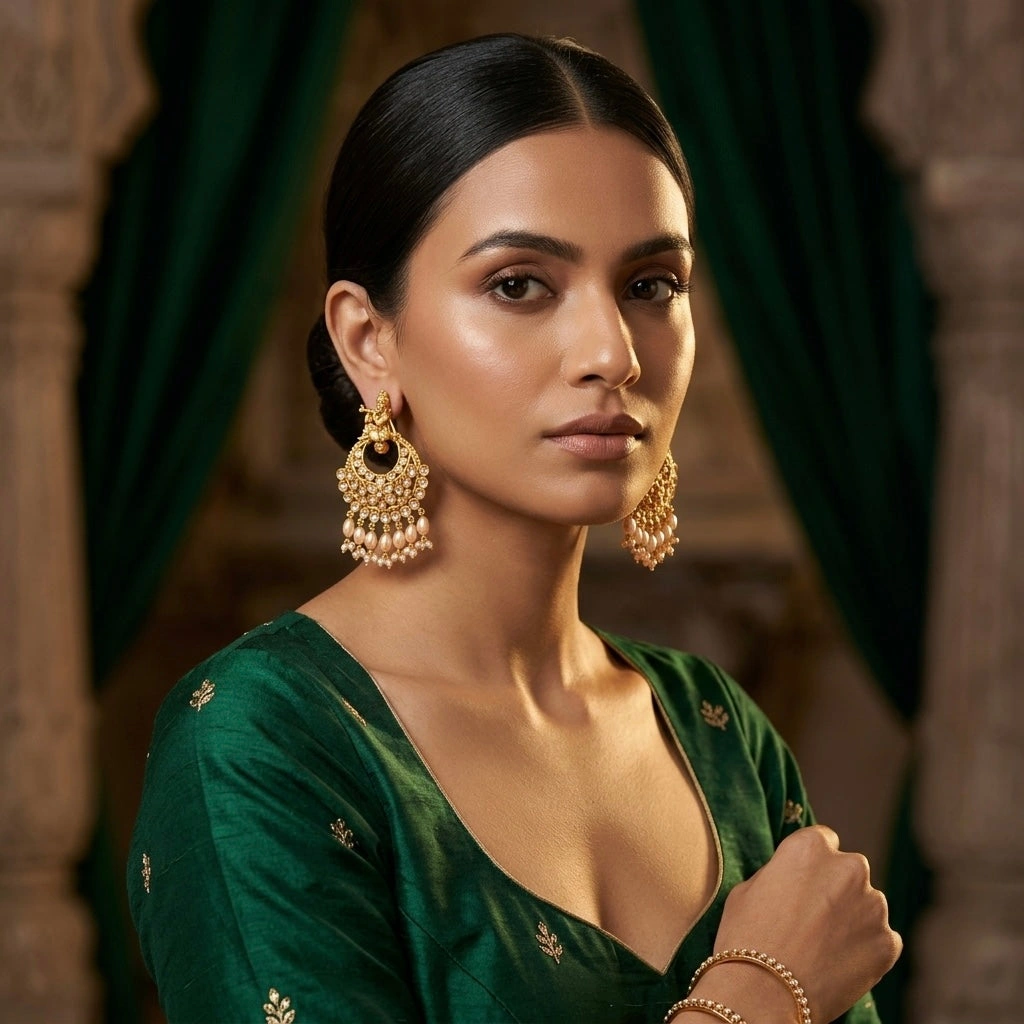 Krishna Design Kundan Chandbali Earrings with Pearls