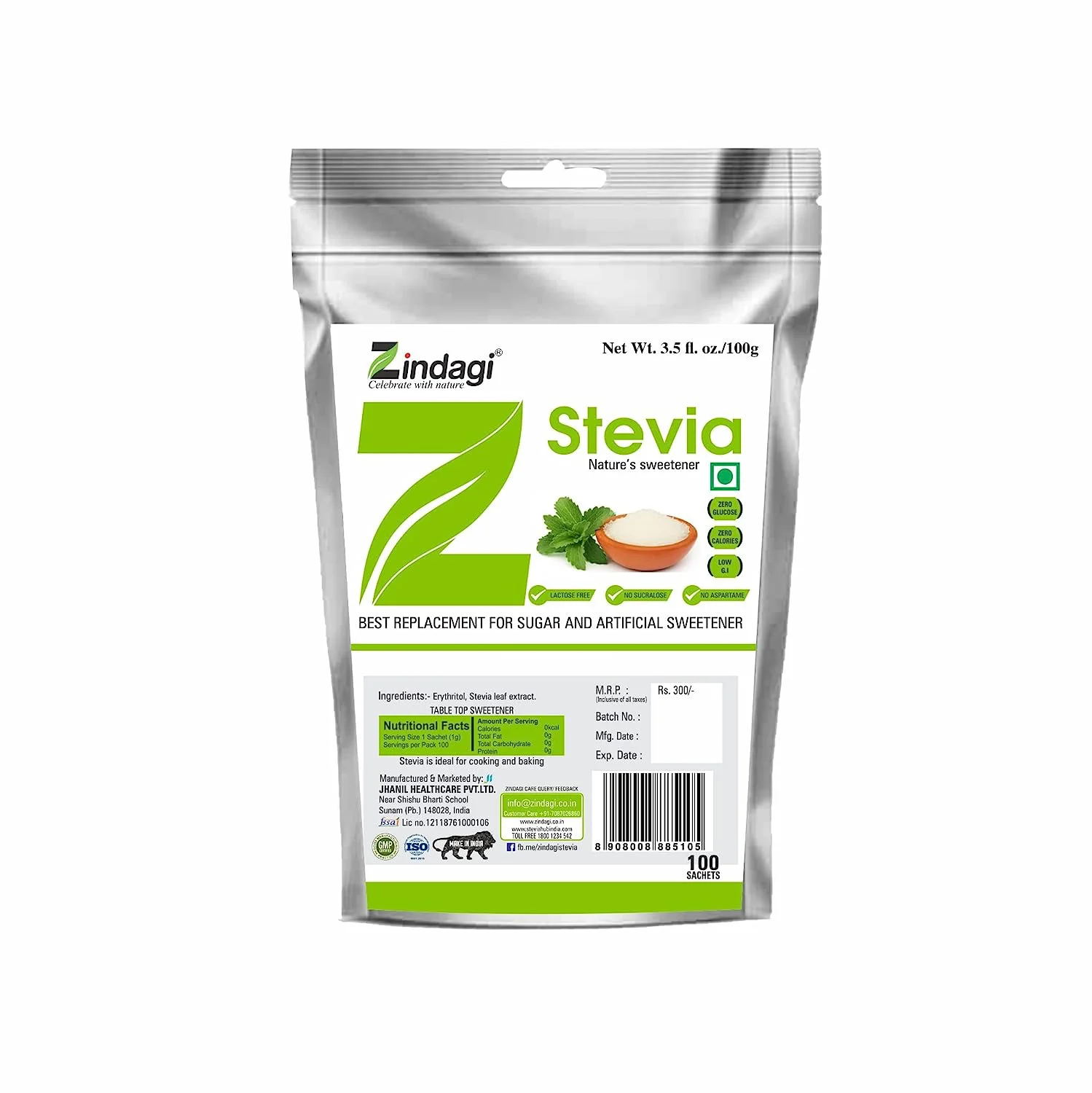 Zindagi Stevia Powder Sachets - Pure Stevia White Powder - Sugar Free Sweetener, 100 Sachets