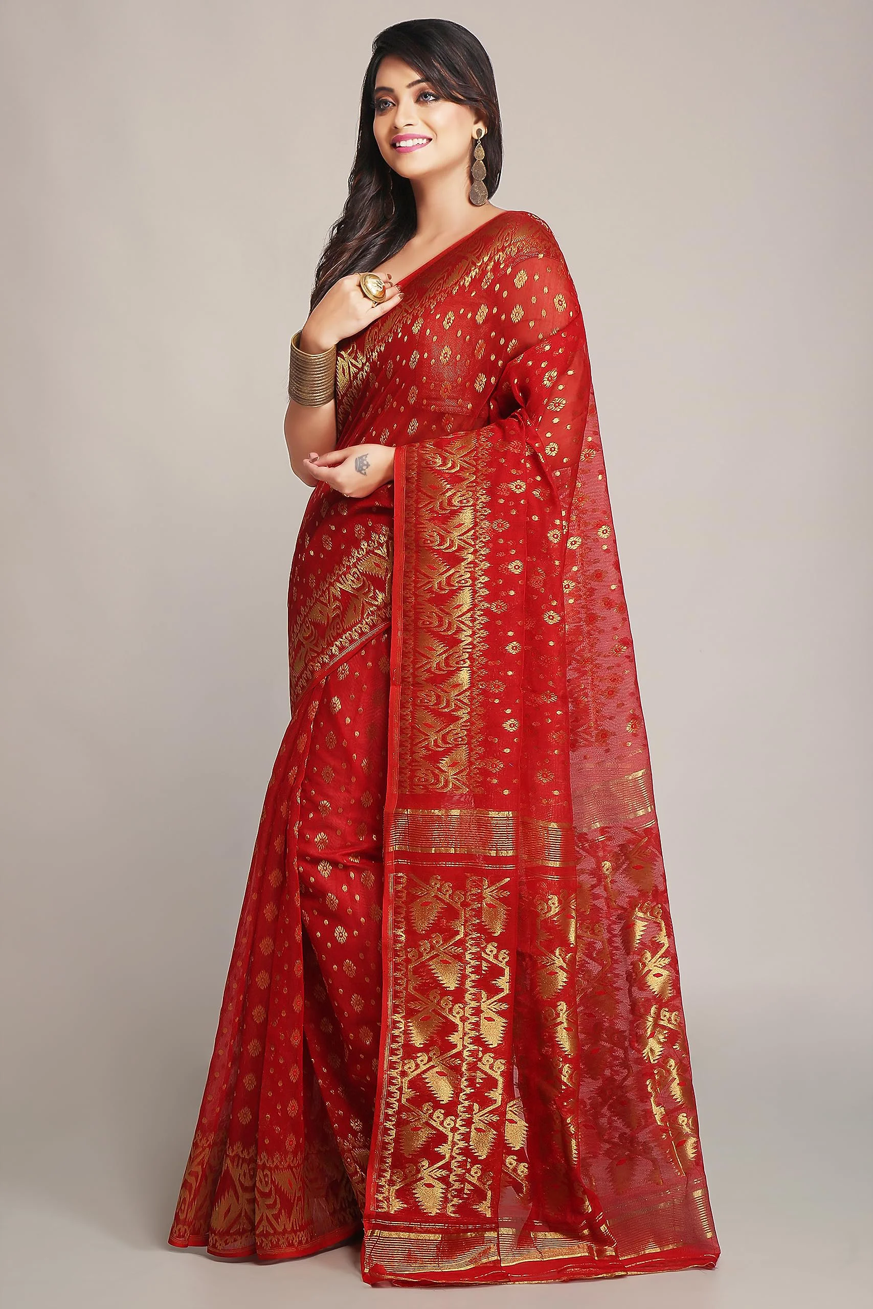 WoodenTant women’s cotton silk golden zari dhakai jamdani saree without blouse piece_(Red) - image 1