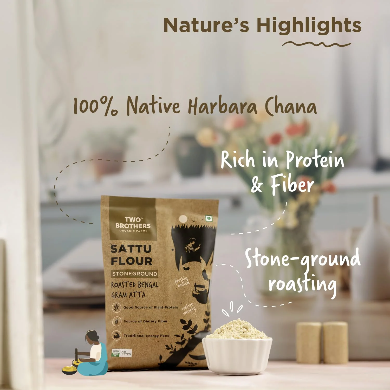 Two Brothers Organic Farms - Sattu Atta (1 kg) | Made Using Roasted Bengal Gram | 100% Natural & Gluten Free Chana Sattu | High Protein Roasted Gram Flour | Sattu Drink Powder | Roasted Gram Powder - image 2