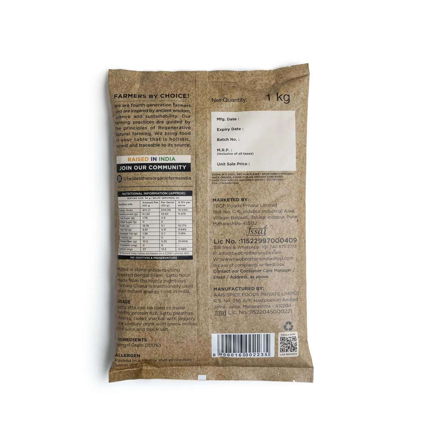 Two Brothers Organic Farms - Sattu Atta (1 kg) | Made Using Roasted Bengal Gram | 100% Natural & Gluten Free Chana Sattu | High Protein Roasted Gram Flour | Sattu Drink Powder | Roasted Gram Powder - image 1