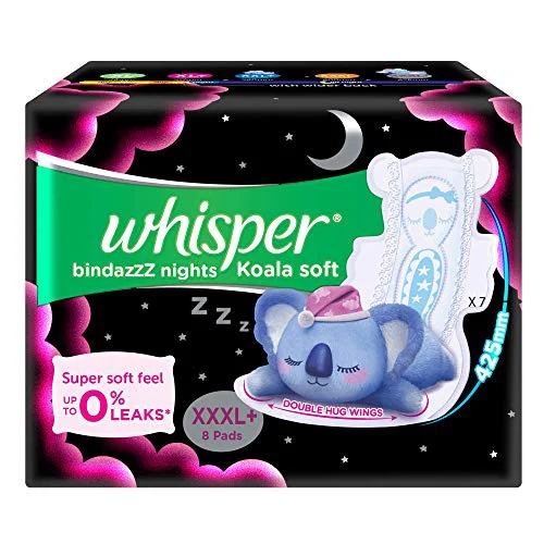 Whisper Bindazzz Night Koala Soft Sanitary Pads|Pack of 8 Pads|XXXL+|upto 0% Leaks|85% Longer & wider back|Super Soft topsheet|Double hug wings|Irritation free|42.5 cm Long|With disposable wrap - image 1