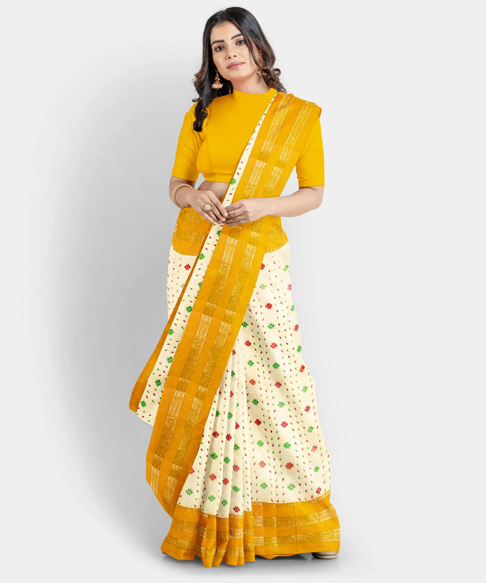 eC ESHA'S COLLECTION Women's Pure Cotton Jamdani Printed Tant Saree Without Blouse Piece (Mustard) - image 2