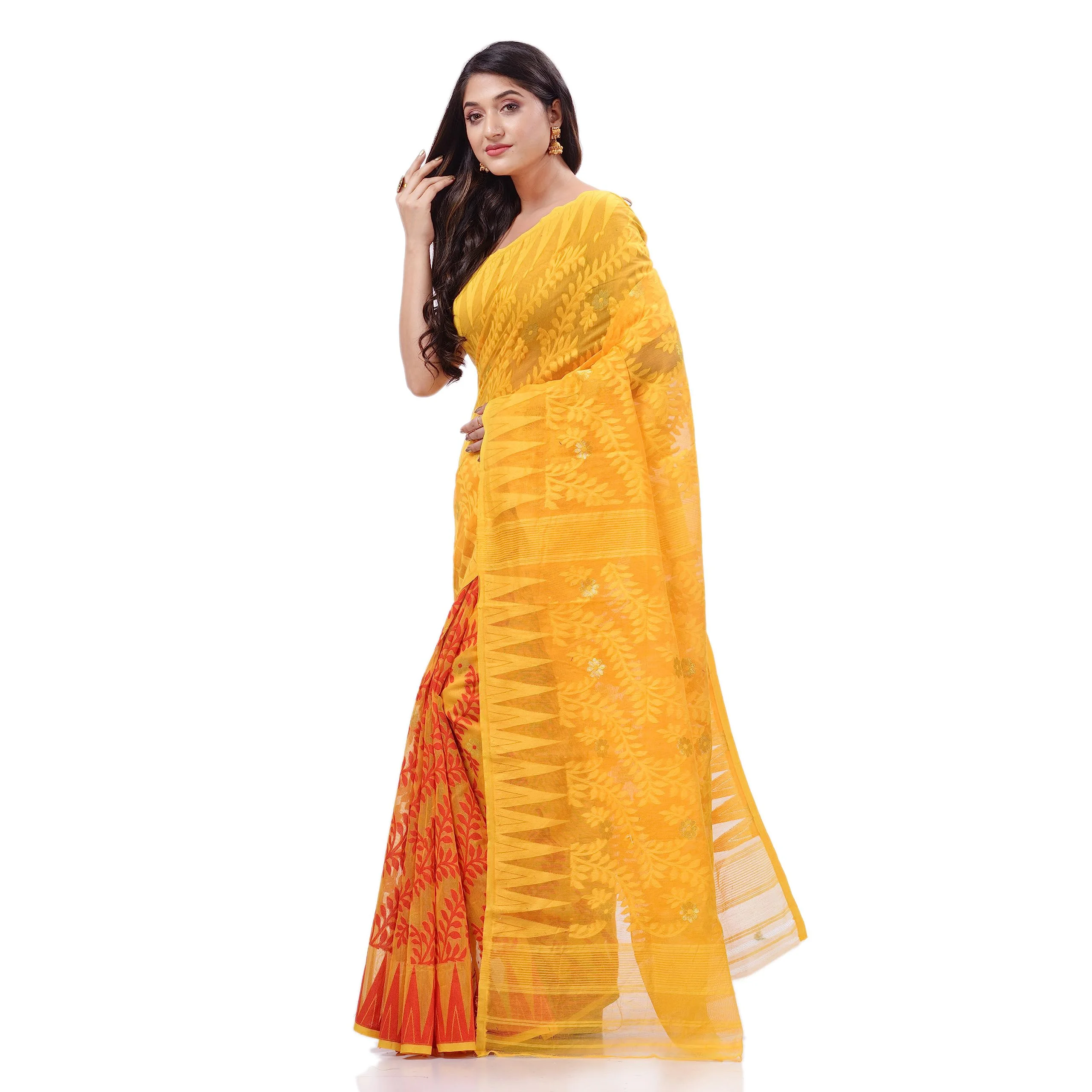 dB DESH BIDESH Women`s Traditional Tamarind Leaf Resham Dhakai Jamdani Pure Cotton Handloom Saree without Blouse Piece (Yellow Red) - image 1