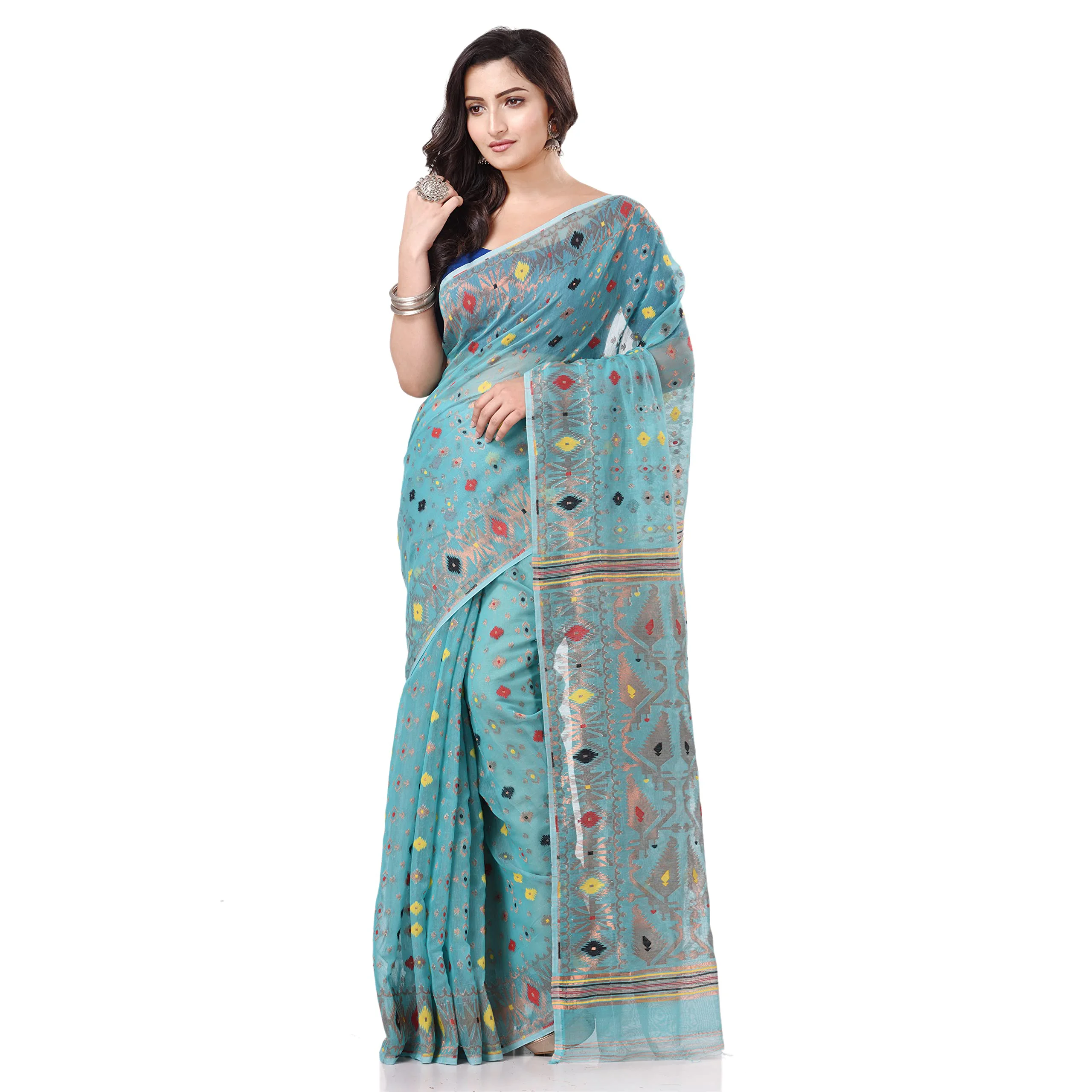 Tantloom Women's Jamdani Cotton Blend Saree With Blouse Piece (Tl290722Jmzarikarat_F_Firozi) - image 1