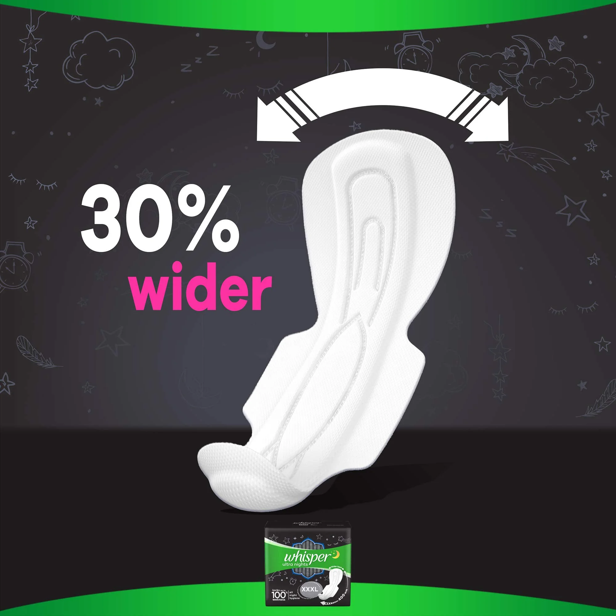 Whisper Bindazzz Night Sanitary Pads For Women, XXX-Large Pack of 10 Napkins - image 2