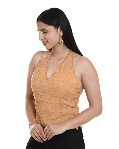 Women's Net Poncho Head Embroidered New Halter Neck Back Less Tops Blosue For Girls Tops For Sari (IN, Alpha, Free Size, Regular, Beige) - image 1