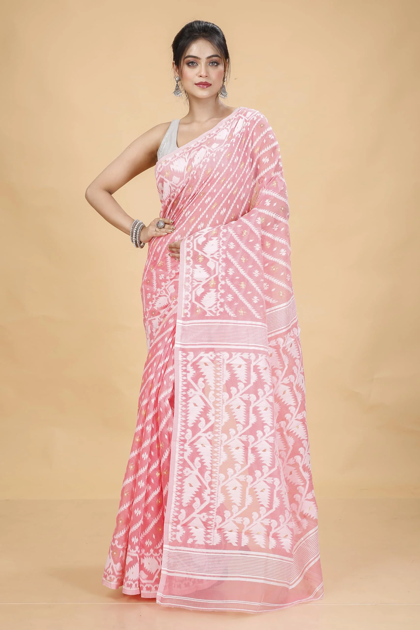 Tant Vastra Women’s Soft Resham Dhakai Karat Jamdani Saree without Starch And Without Blouse Piece (Peach) - image 2