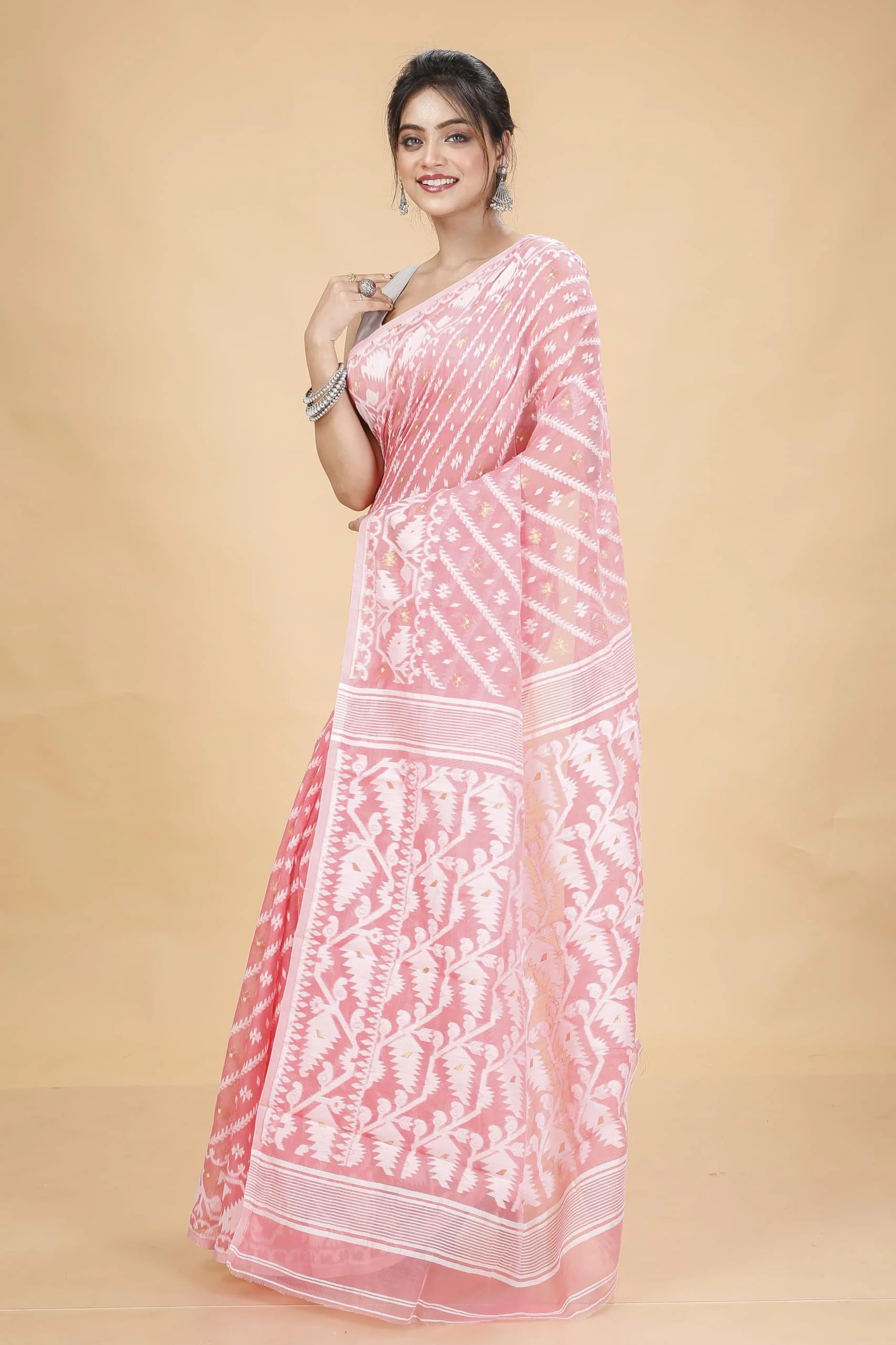Tant Vastra Women’s Soft Resham Dhakai Karat Jamdani Saree without Starch And Without Blouse Piece (Peach) - image 1