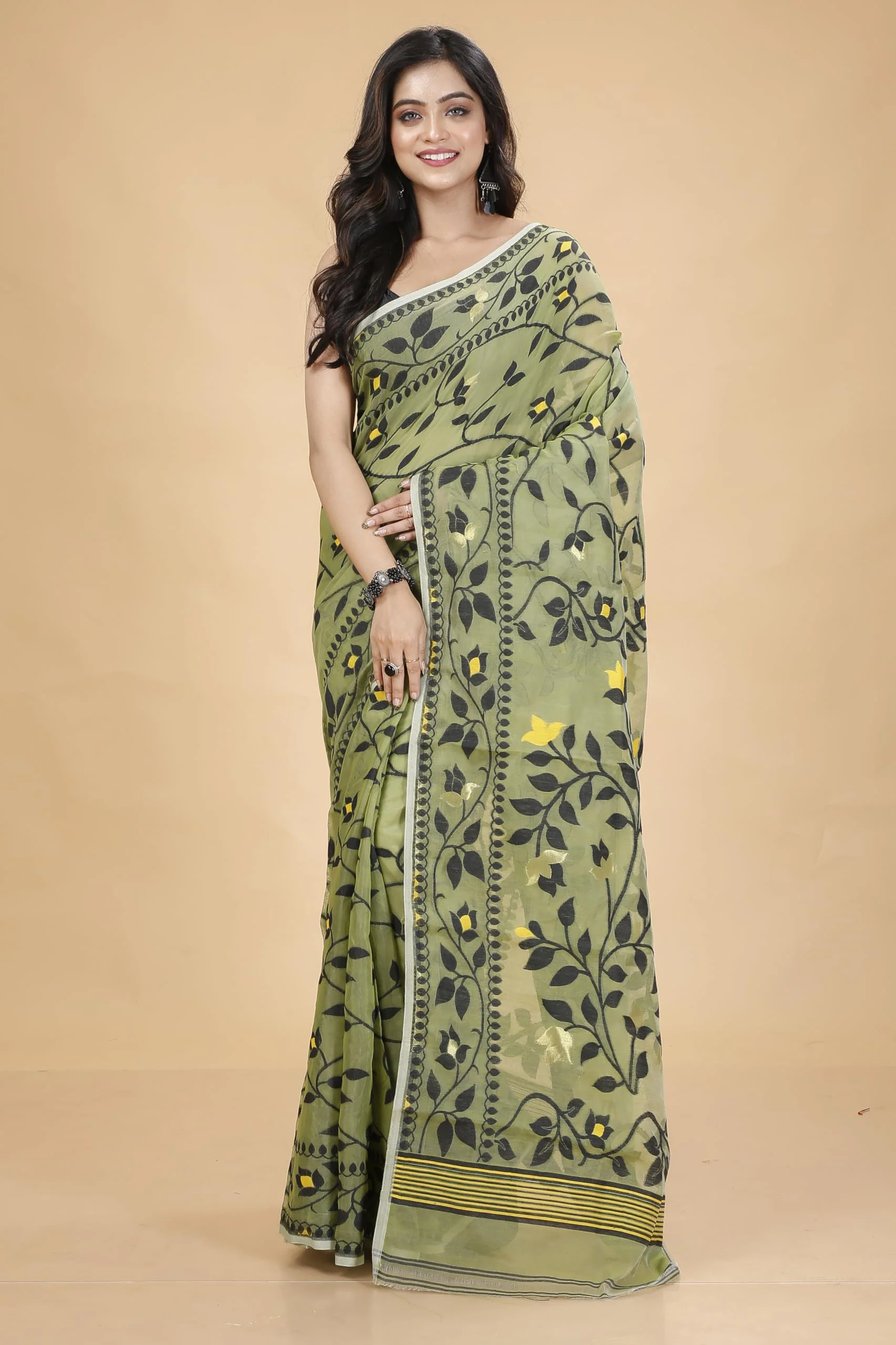 Tant Vastra Women’s Soft Resham Dhakai Lata Jamdani Saree without Starch And Without Blouse Piece (Light Pista) - image 1