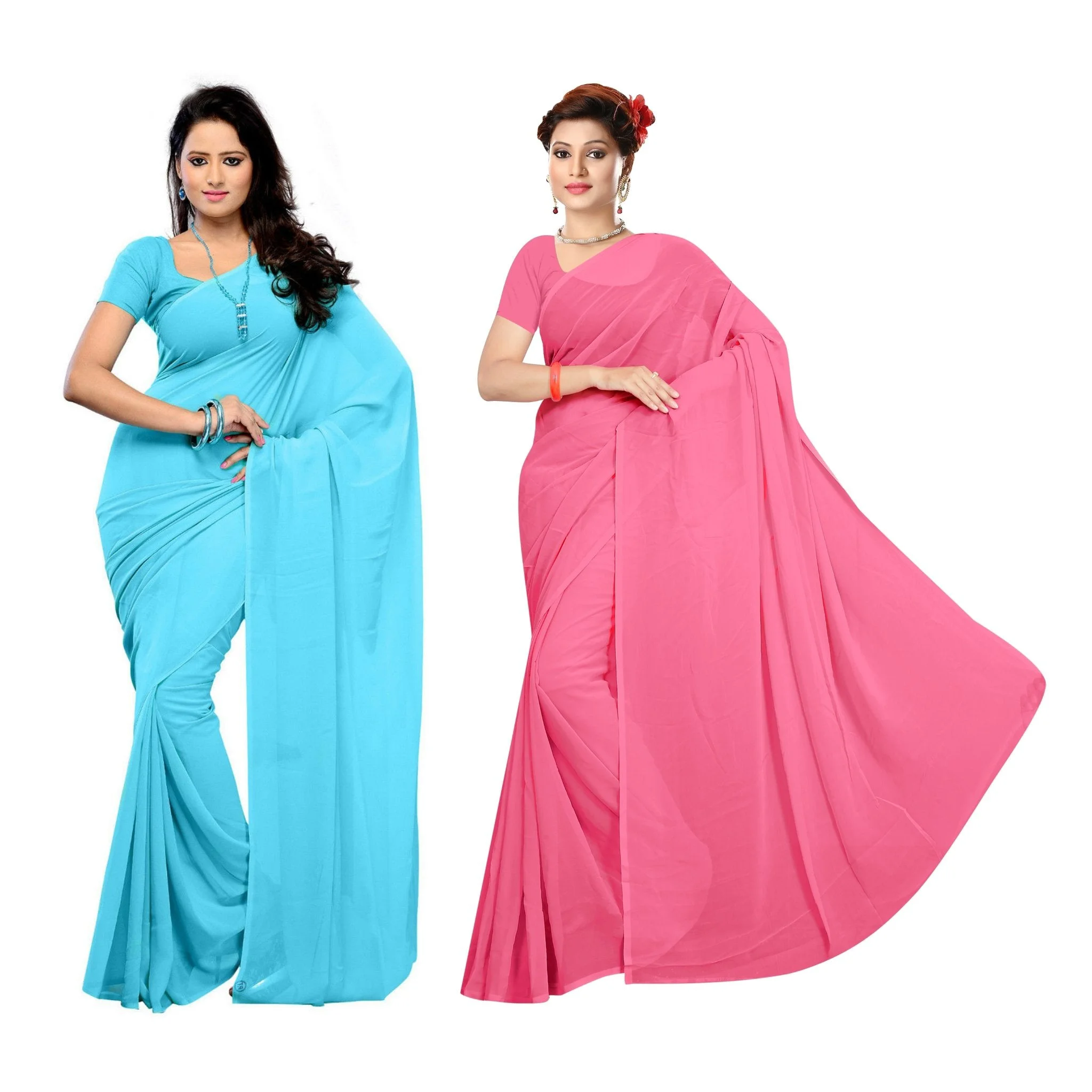 Sidhidata Women's Pure Georgette Saree With Blouse Piece (Pack of 2) (combo plain 719-701_Sky Blue & Baby Pink), Free Size - image 2