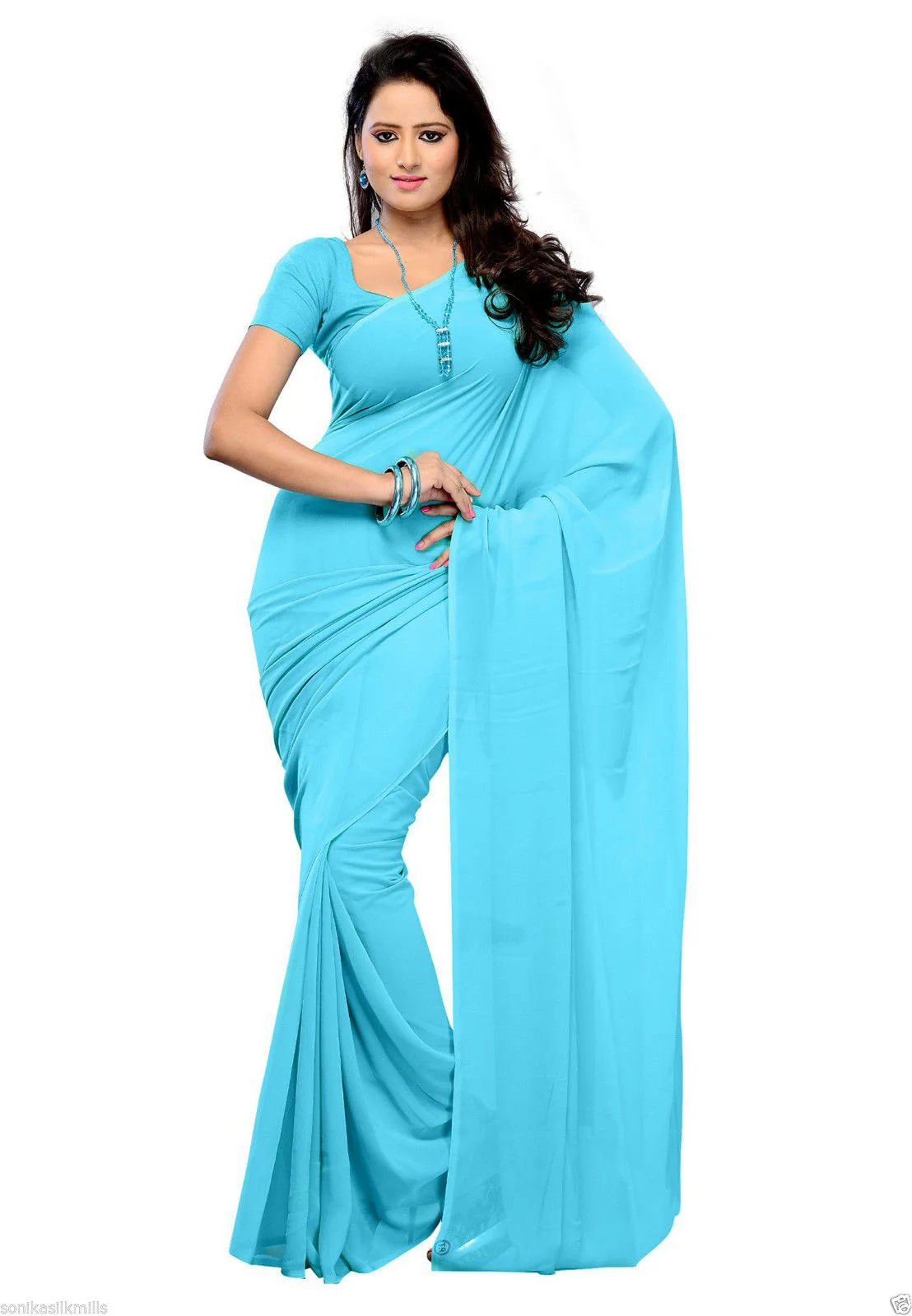 Sidhidata Women's Pure Georgette Saree With Blouse Piece (Pack of 2) (combo plain 719-701_Sky Blue & Baby Pink), Free Size - image 1