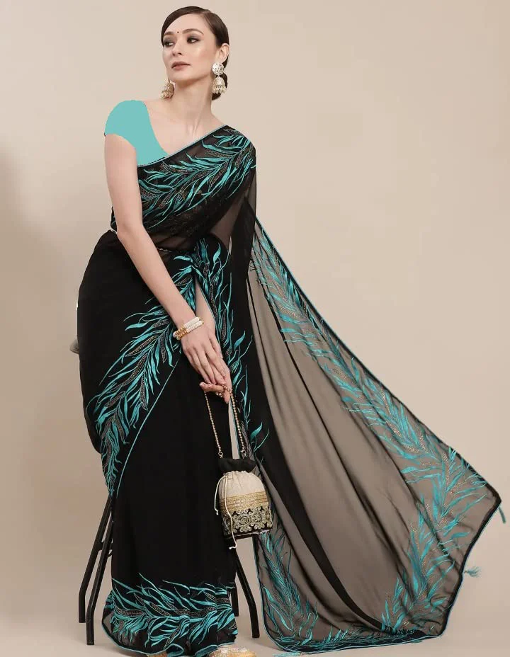Women Free Size Black & Blue Floral Embroidered Saree - image 2