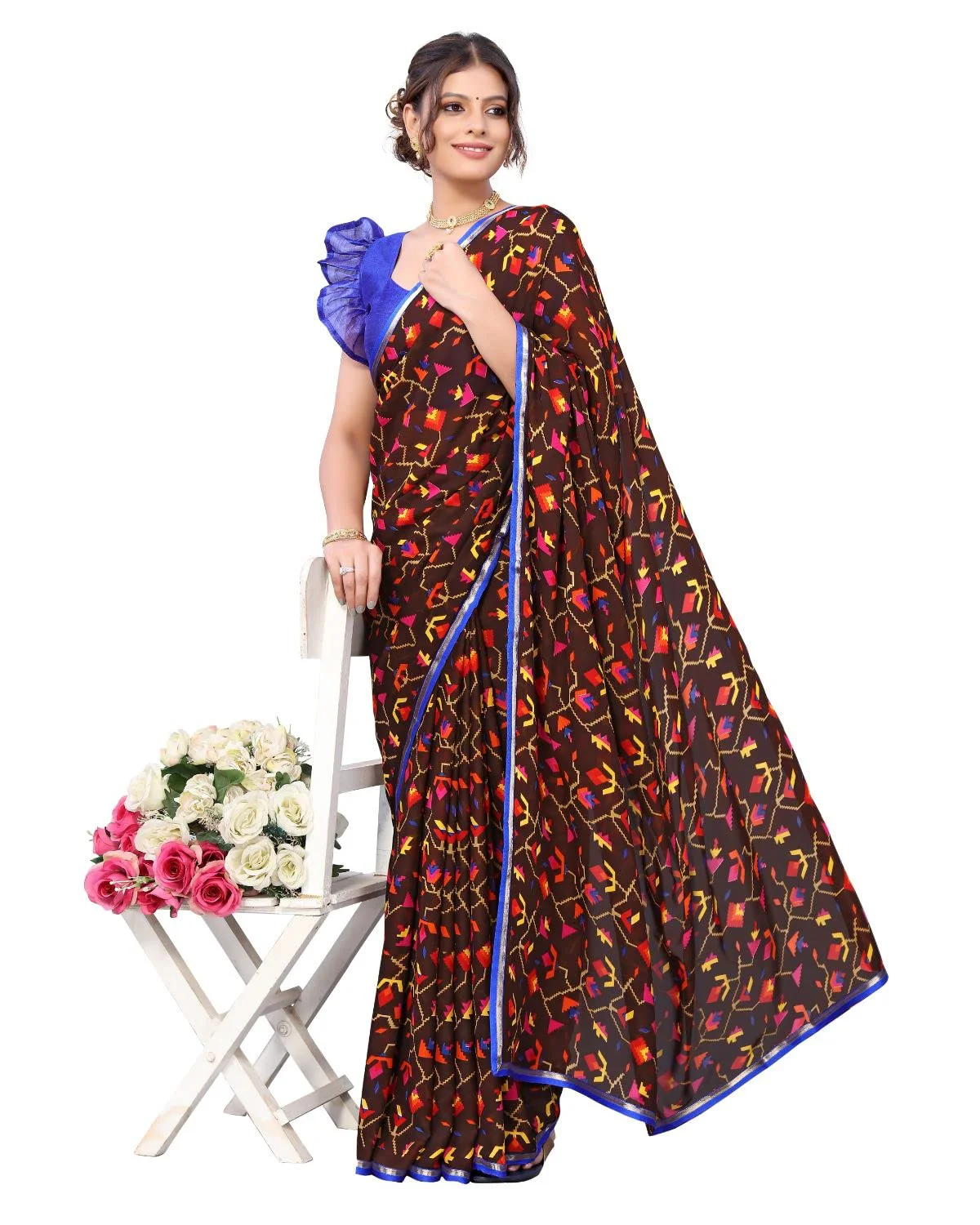 Tarshika Women's Brown Floral Printed Georgette Saree with lace border(RAVAN BROWN_W_Free Size) - image 2
