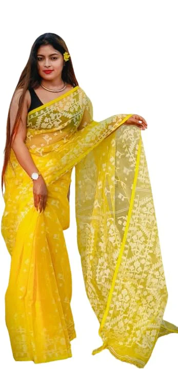 Women's Traditional Bengal Cotton Silk Jamdani Saree Without Blouse Piece (Yellow) - image 2