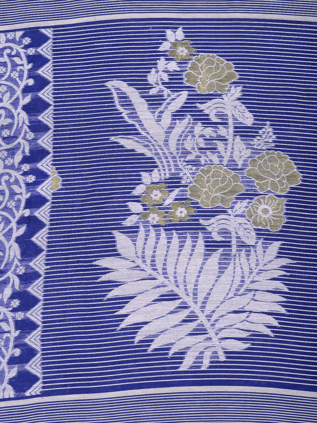dB DESH BIDESH Women`s Resham Dhakai Jamdani Cotton Handloom Saree Rose Design Jamdani Saree (Blue White) - image 1