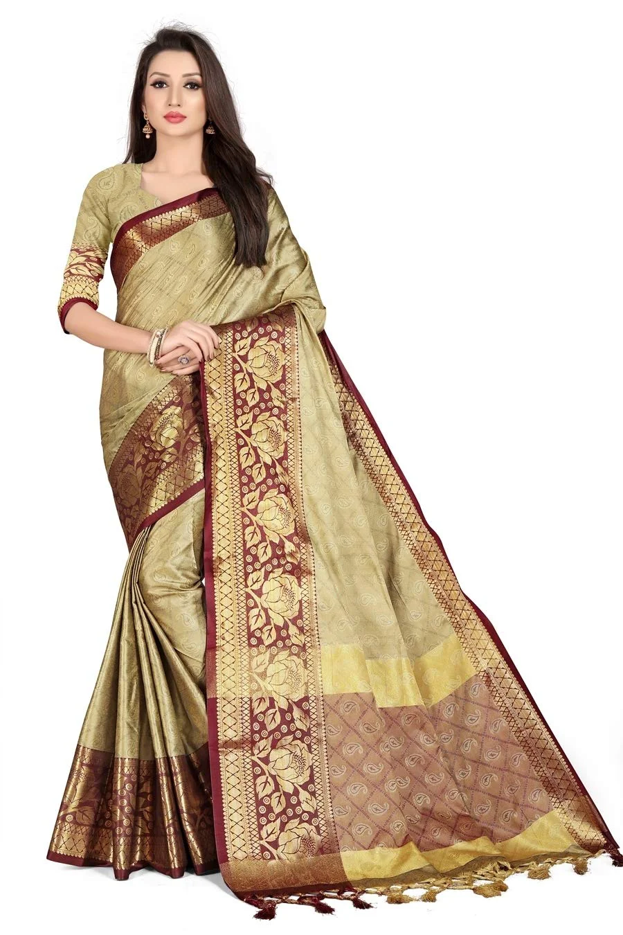 leeza store Banarasi Cotton Silk Kanjivaram Style Saree With Blouse Piece (Cream Color_Free Size) - image 2
