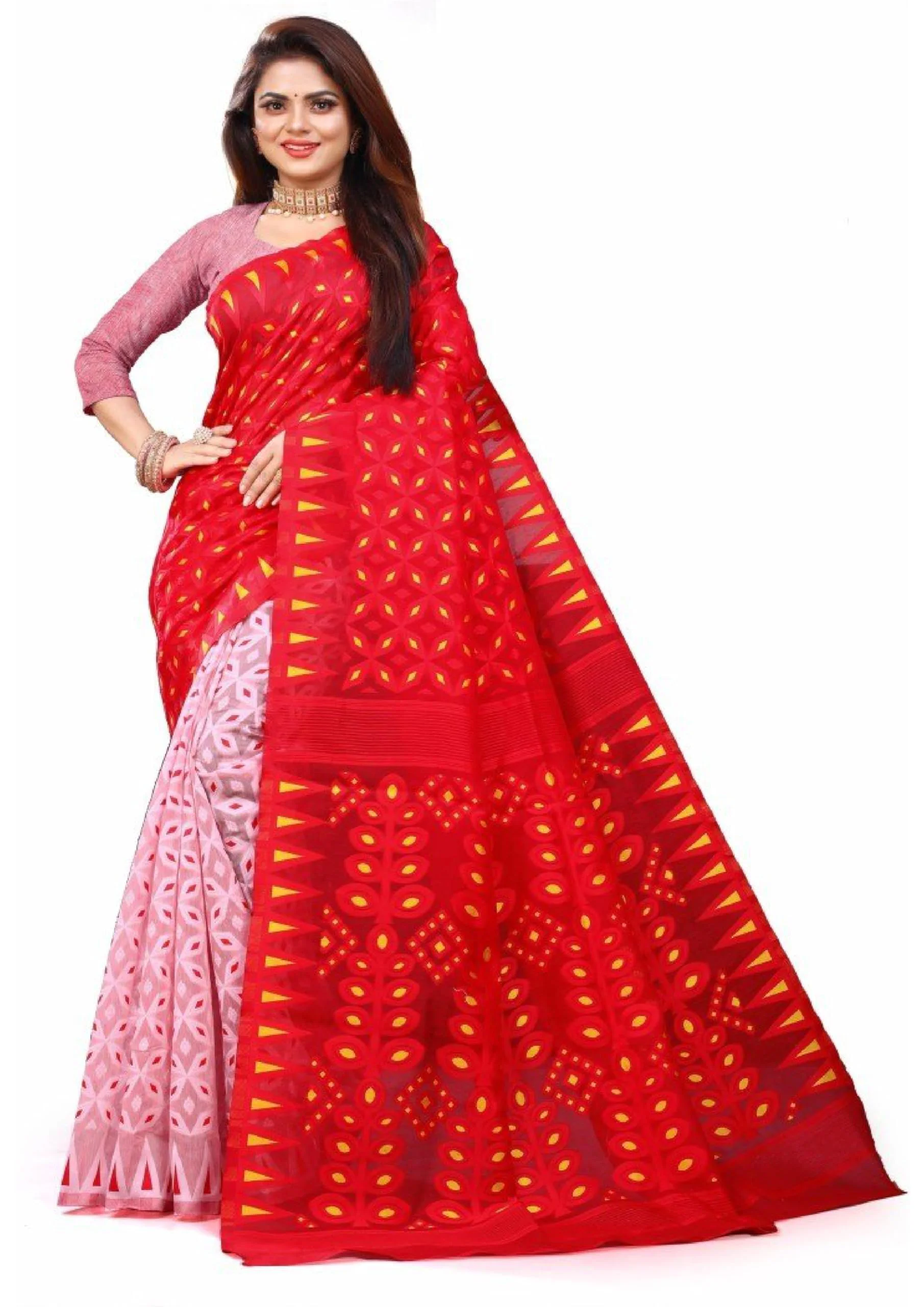 Women`s Bengal Handloom Tant Soft Dhakai Jamdani Cotton Saree Whole Body Design Without Blouse Piece (White Red) - image 2