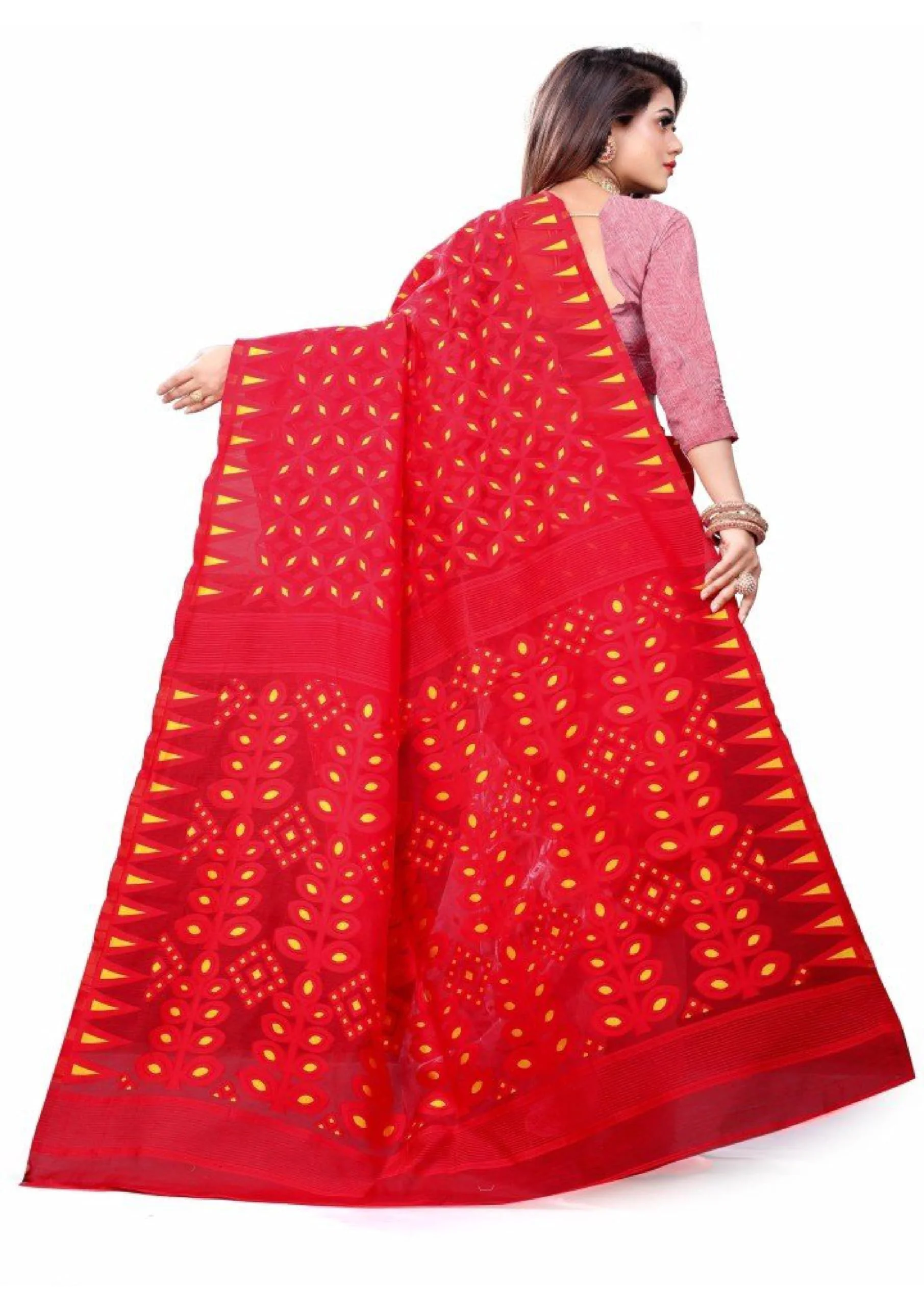 Women`s Bengal Handloom Tant Soft Dhakai Jamdani Cotton Saree Whole Body Design Without Blouse Piece (White Red) - image 1