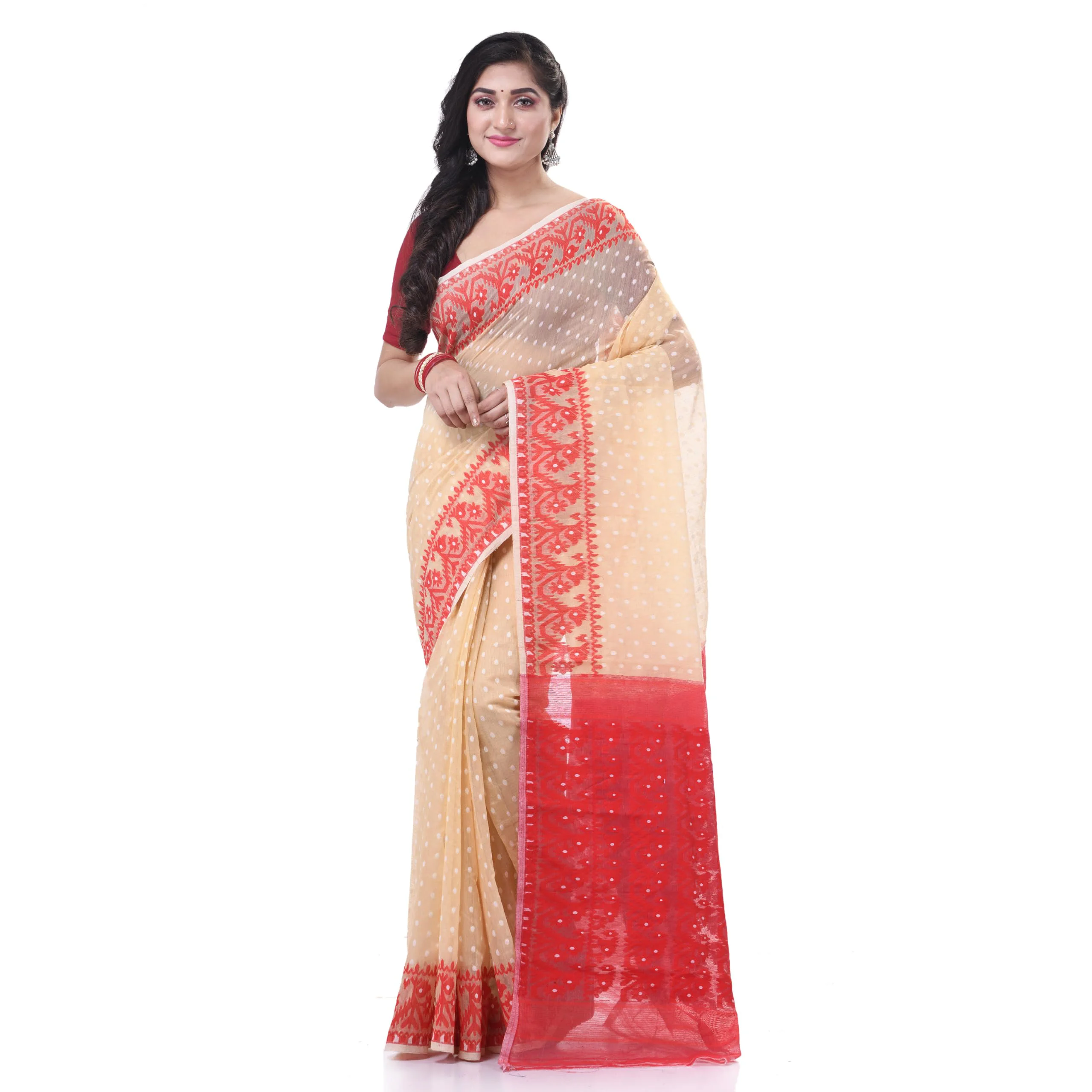 dB DESH BIDESH Women`s Resham Dhakai Jamdani Cotton Handloom Saree Hajar Buti Design Jamdani Saree (Cream Red) - image 1