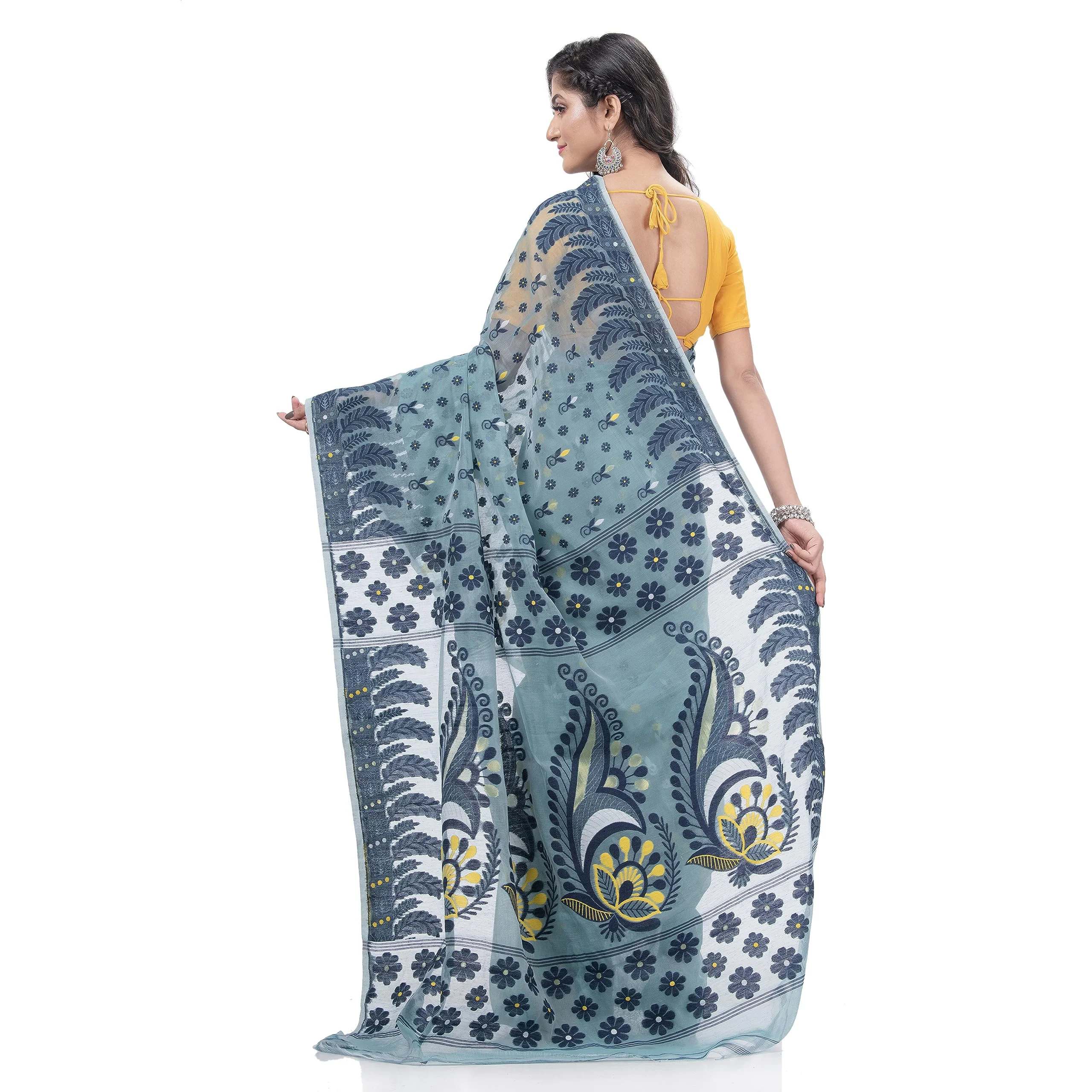 dB DESH BIDESH Women`s Resham Dhakai Jamdani Pure Cotton Handloom Saree Lojjaboti Design without Blouse Piece (Firoza Blue) - image 1