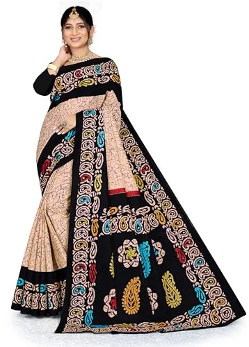 Women's - Regular Sari - Printed Pure Cotton Sari Black::Multicolor Saree With Unstitched Blouse Piece - image 1