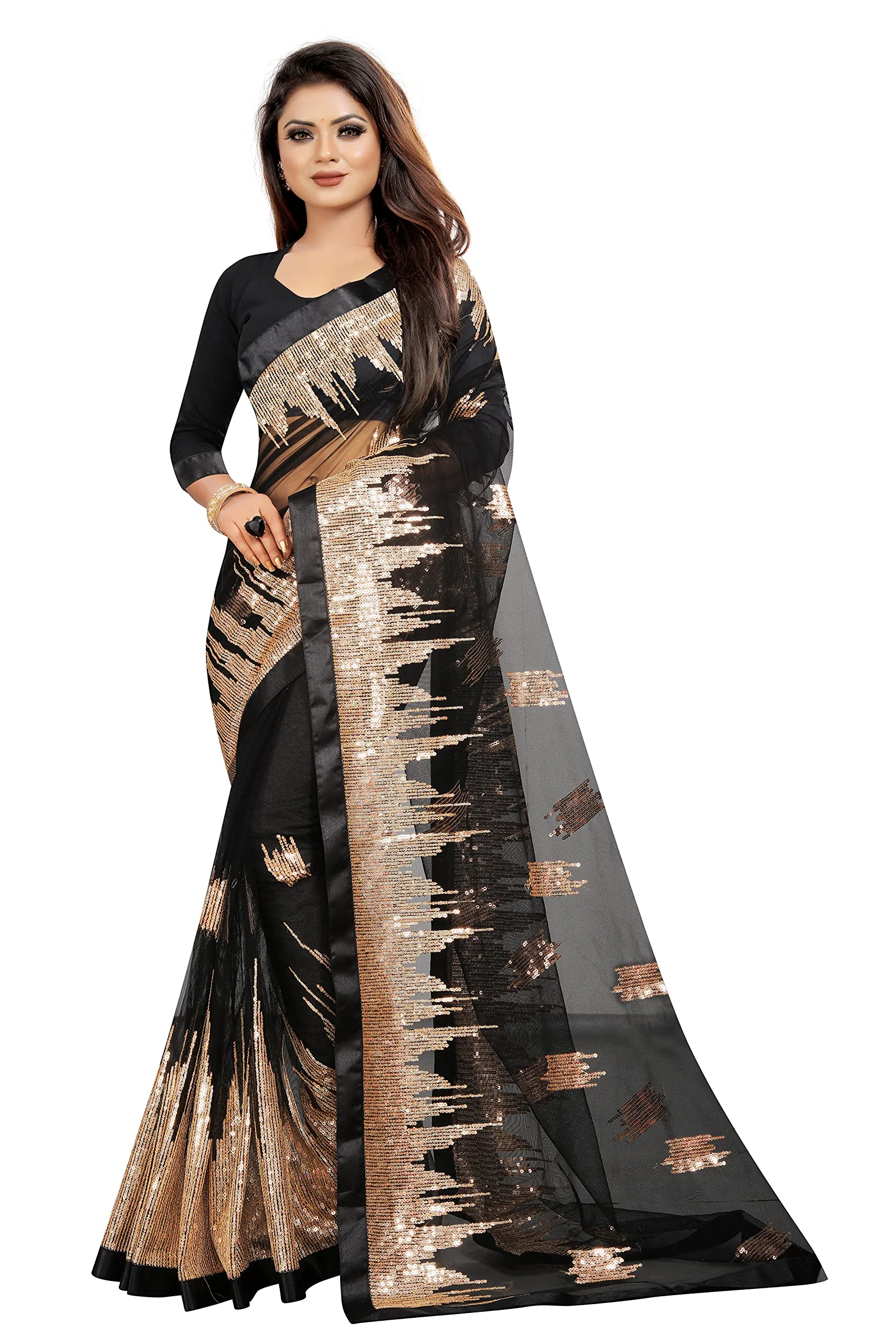 Vastraani Women's Sequined Woven Net Saree with Blouse Piece (Black, Free Size) - image 1