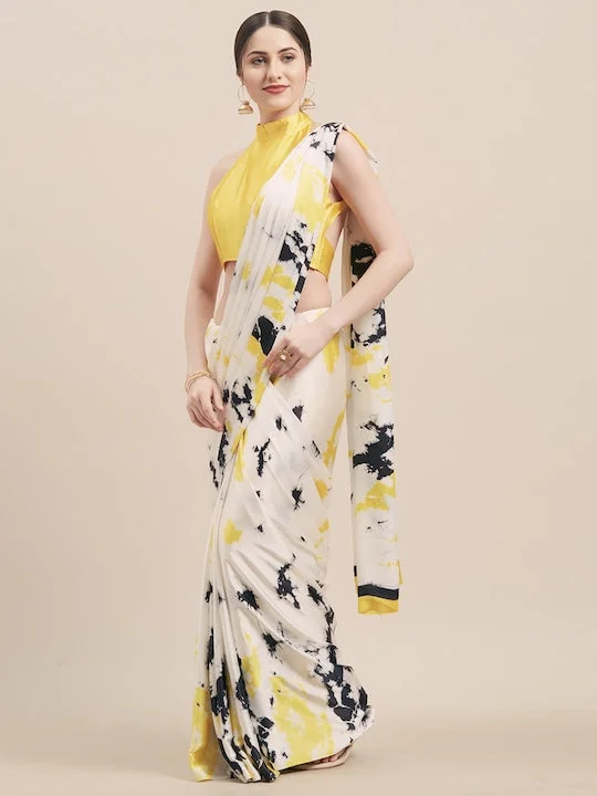 White & Yellow Satin Printed Saree - image 1