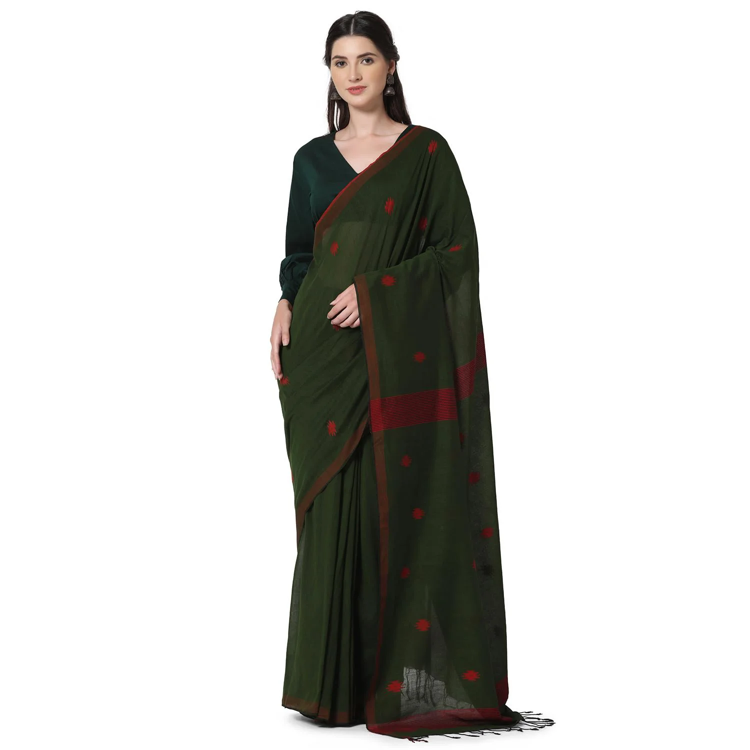 THE WEAVE TRAVELLER Handloom Green Cotton Jamdani Saree With Attached Unstitiched Blouse - image 1