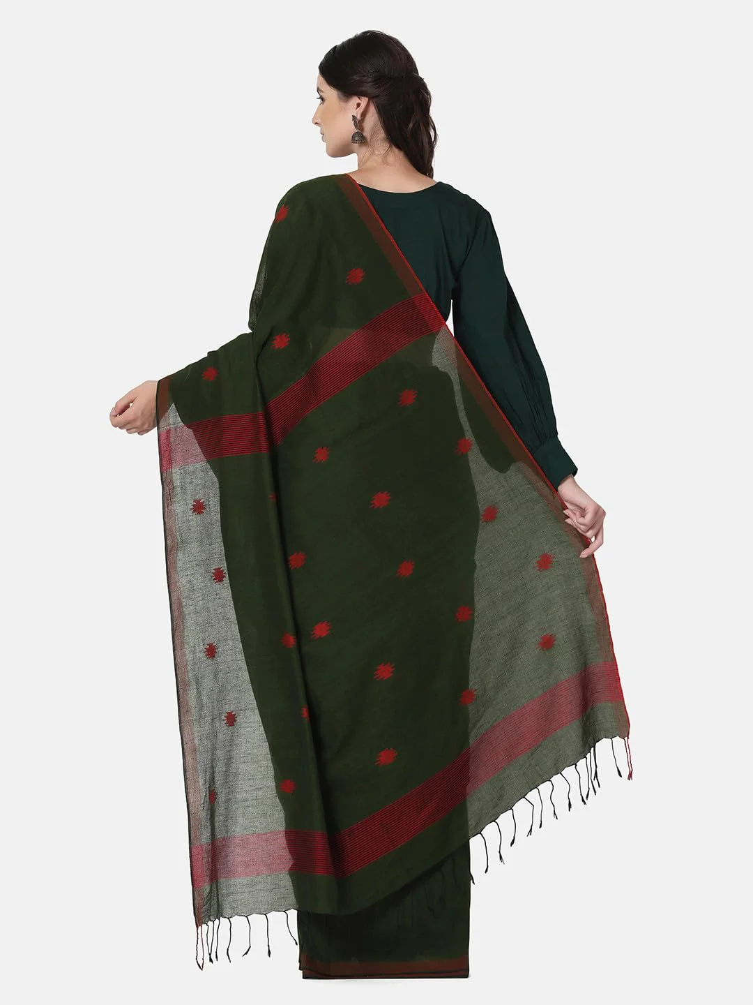 THE WEAVE TRAVELLER Handloom Green Cotton Jamdani Saree With Attached Unstitiched Blouse - image 2