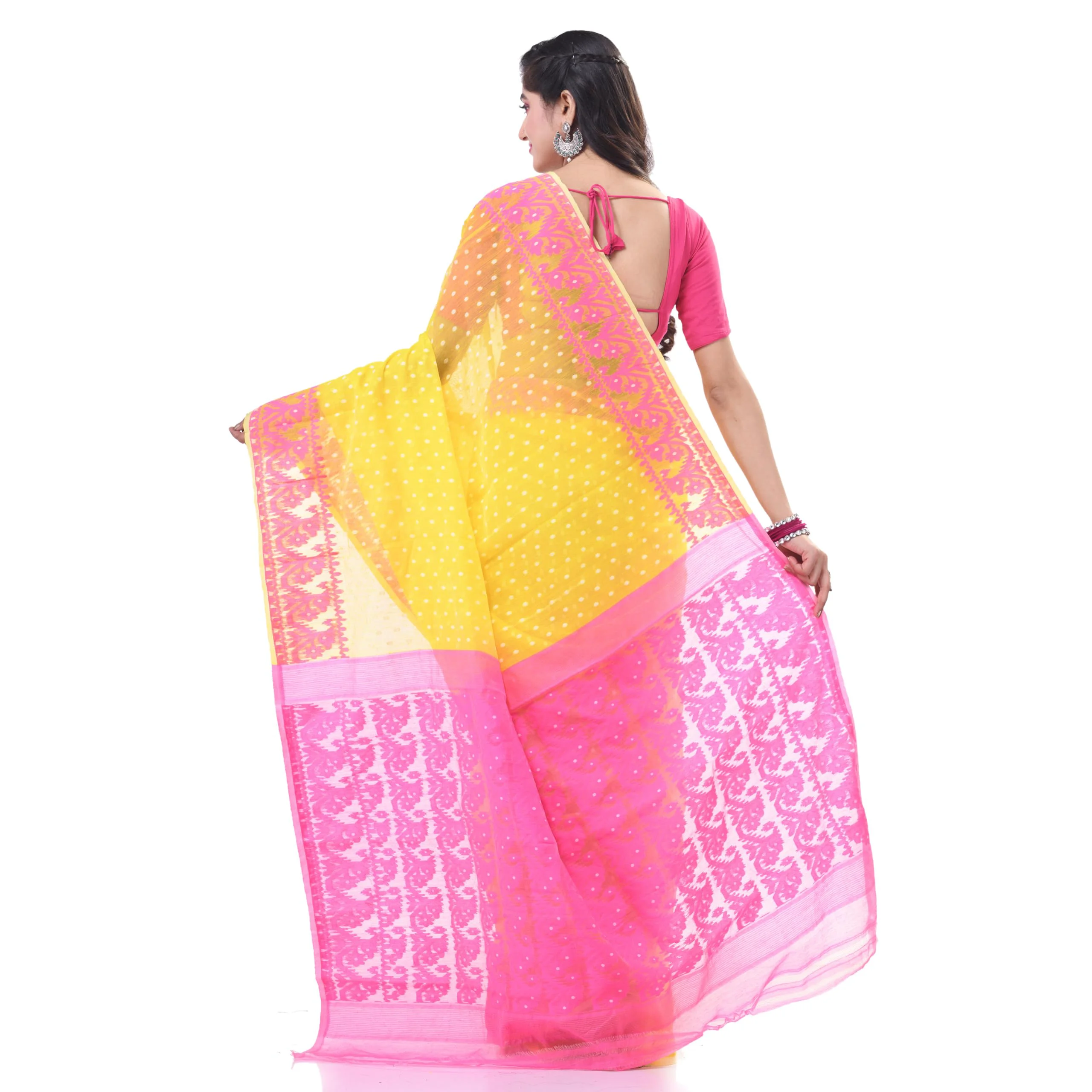 dB DESH BIDESH Women`s Resham Dhakai Jamdani Cotton Handloom Saree Hajar Buti Design Jamdani Saree (Yellow Pink) - image 1
