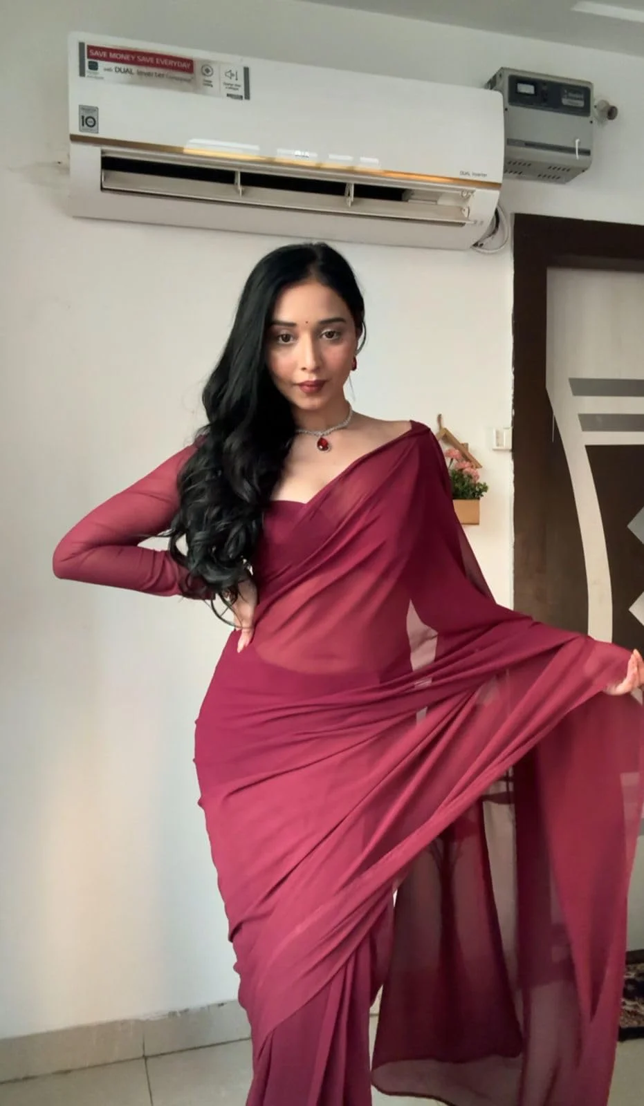 Stylescope Women's Plain Georgette Ready To Wear One Minute Saree With Unstitched Blouse Piece (Kalki Maroon_Maroon_Free Size) - image 1