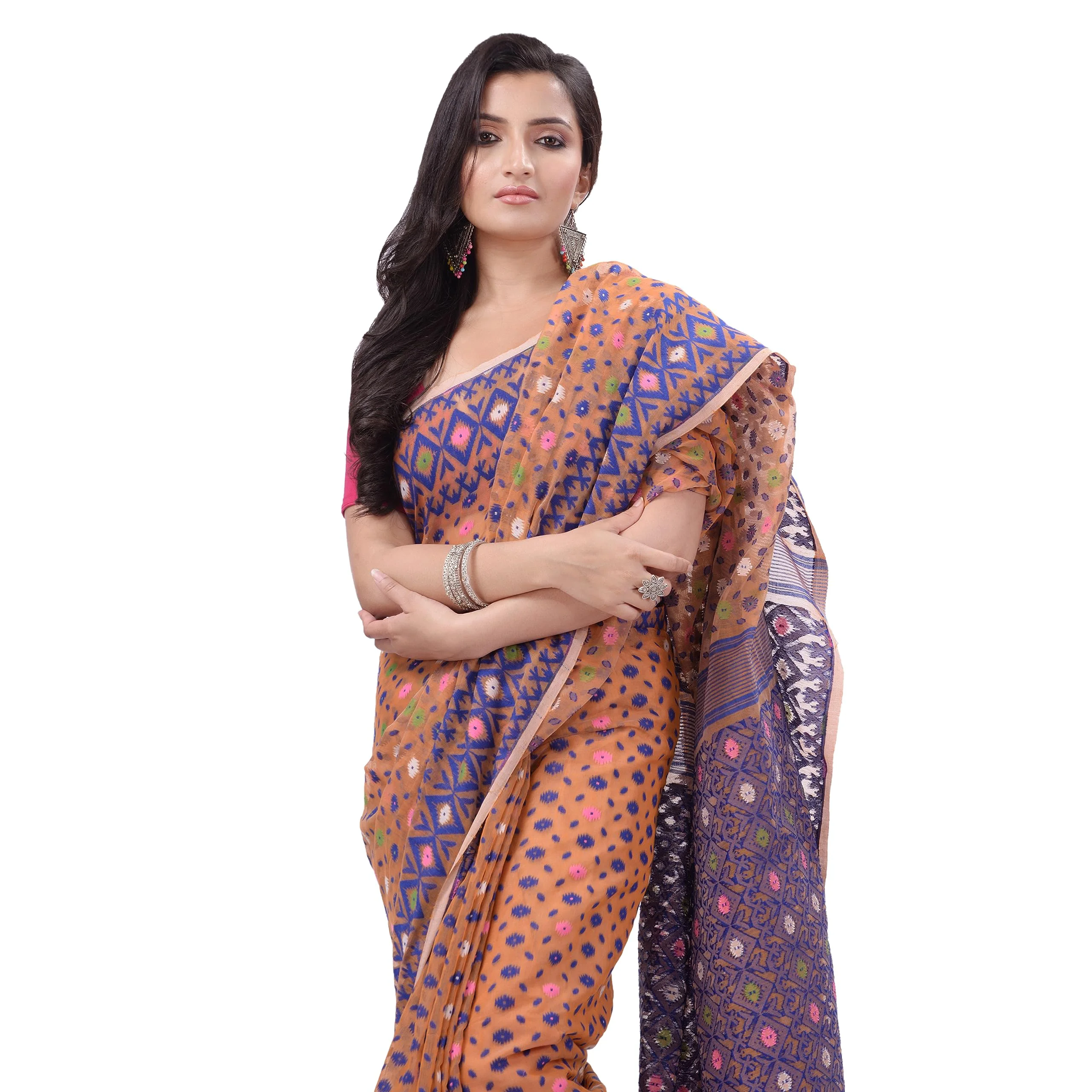 TANTLOOM Sparkle Diamond Resham Dhakai Jamdani Bengal Woven Handloom Pure Cotton Saree for Women Without Blouse Piece - image 2