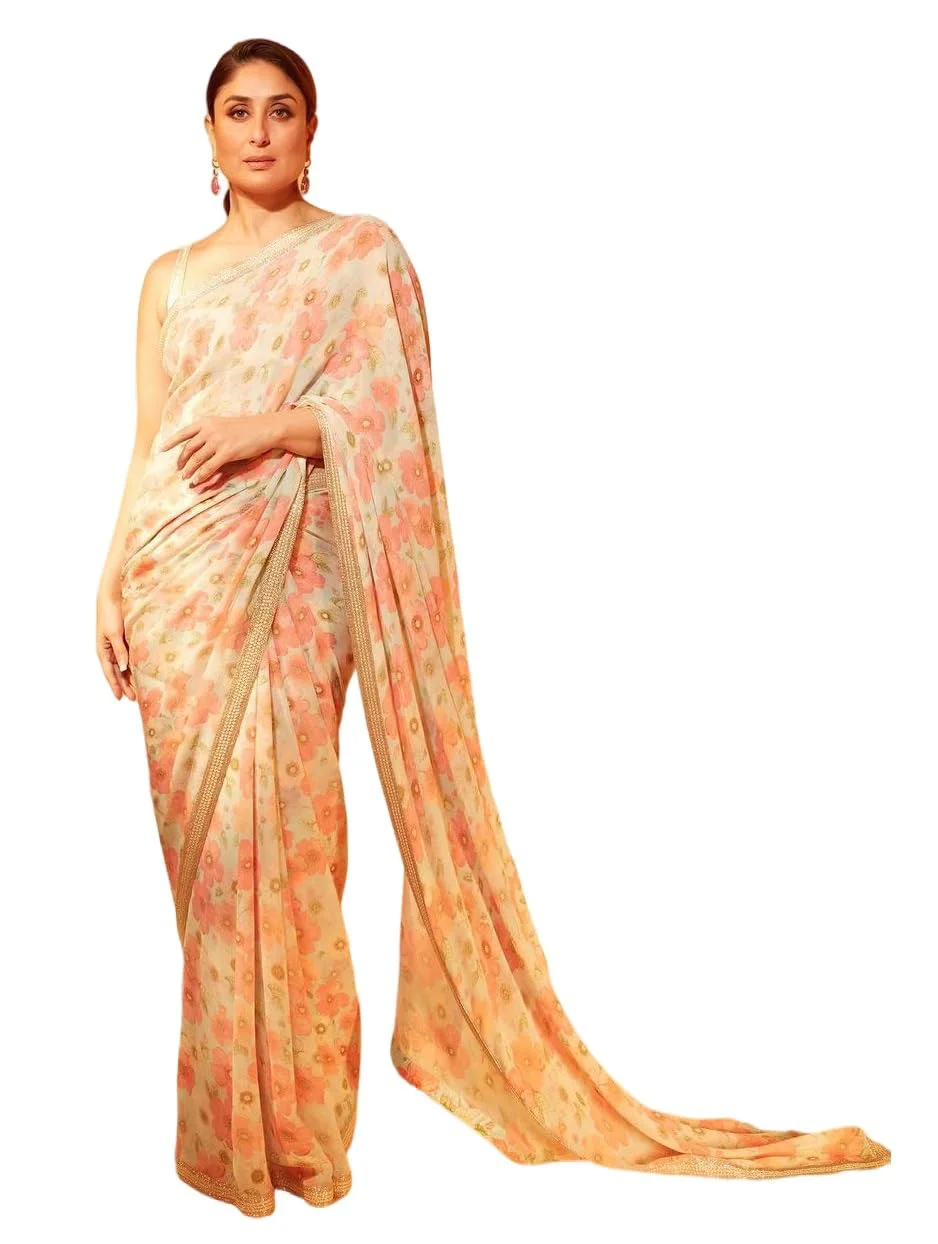 Sidhidata Women's Georgette Floral Printed Saree With Unstitched Blouse Piece (Kareena Flower_Cream_Free Size) - image 1
