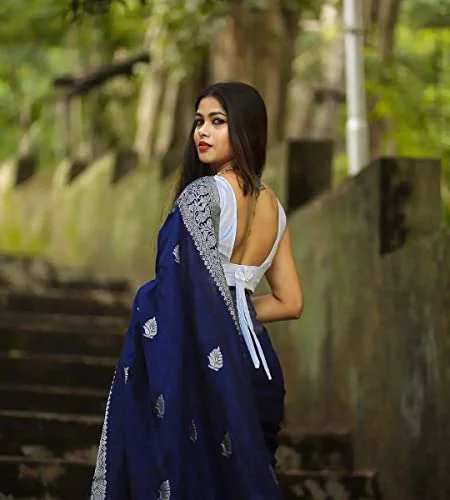 Women's Navy Silk Saree Indian And Pakistani Festival Sari With Blouse Material (NES8194 Navy 3) - image 1