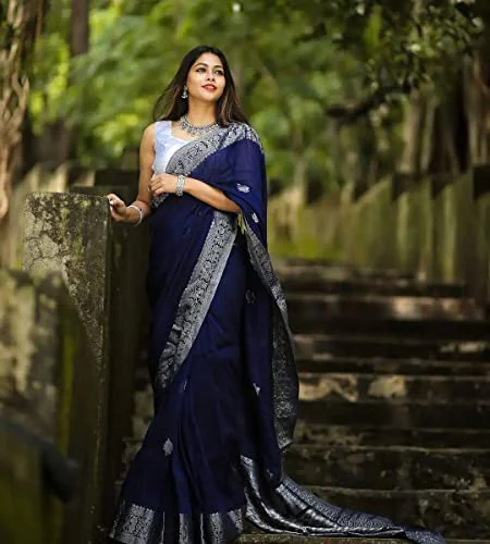 Women's Navy Silk Saree Indian And Pakistani Festival Sari With Blouse Material (NES8194 Navy 3) - image 2