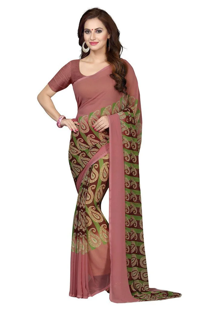 ishin Women's Faux Georgette Saree With Blouse Piece (Ishin-A-20065, Brown, Free Size) - image 2